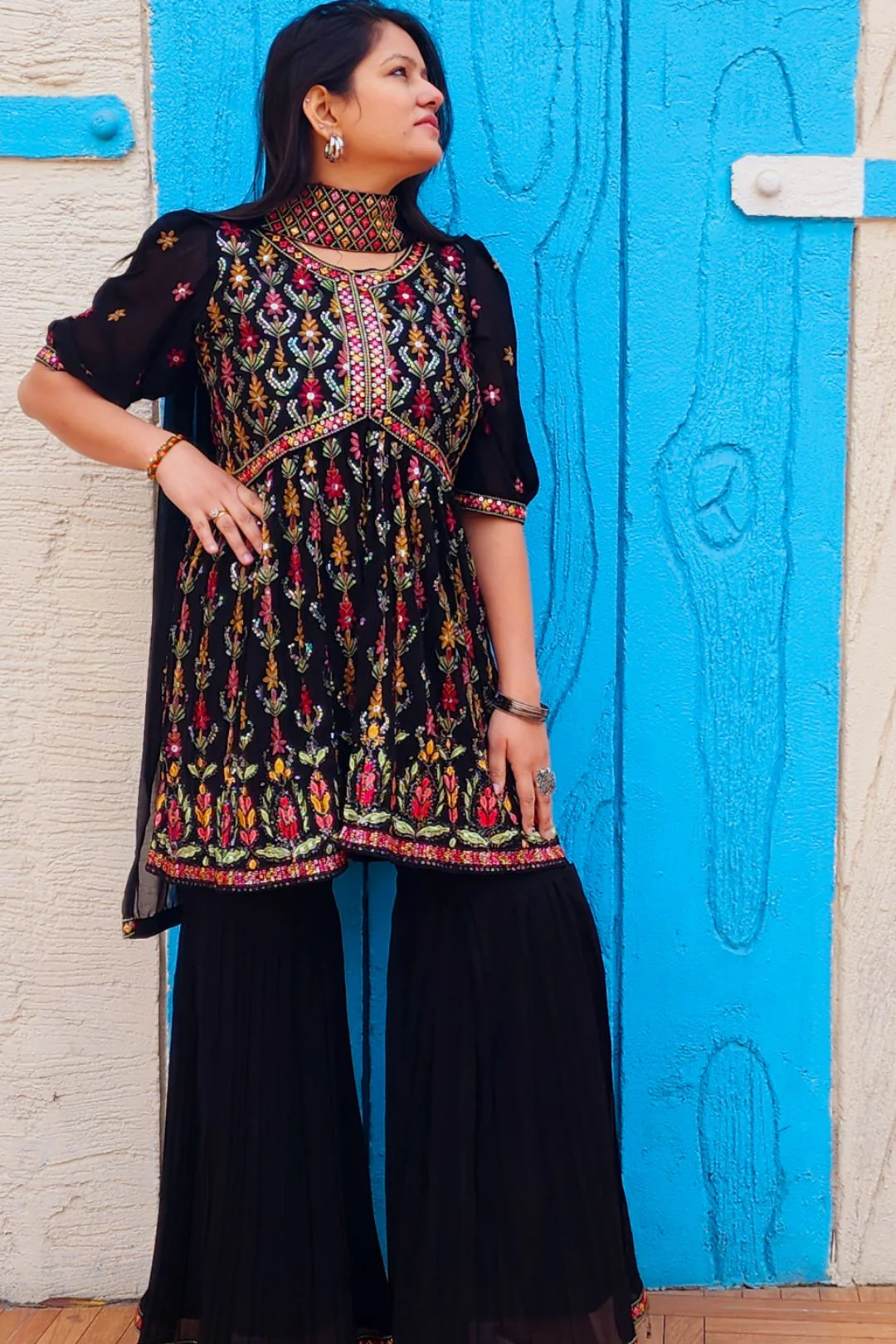 Black Multi Threadwork Georgette Sharara Suit - Image 3