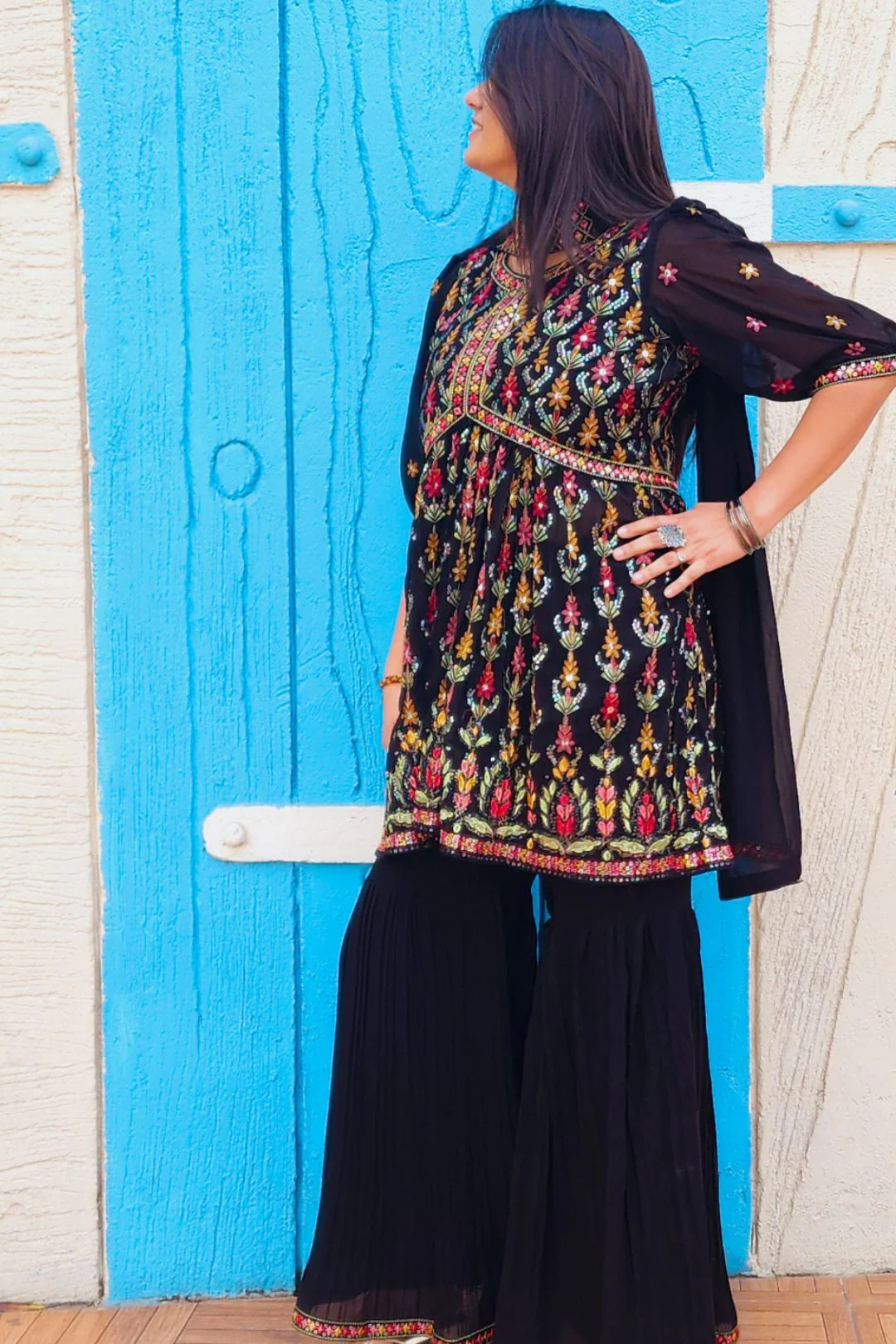 Black Multi Threadwork Georgette Sharara Suit - Image 4