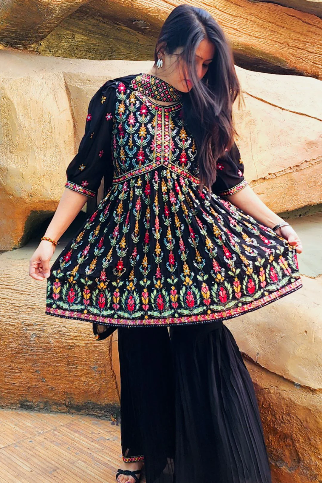 Black Multi Threadwork Georgette Sharara Suit - Image 5