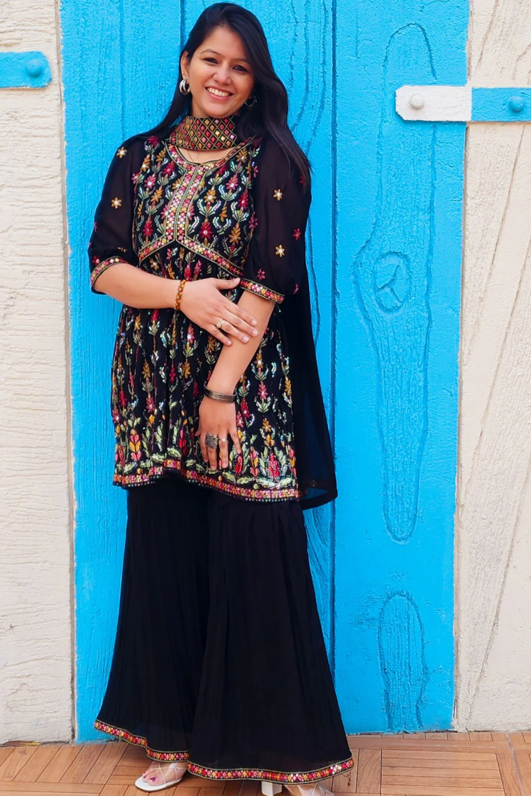 Black Multi Threadwork Georgette Sharara Suit - Image 6