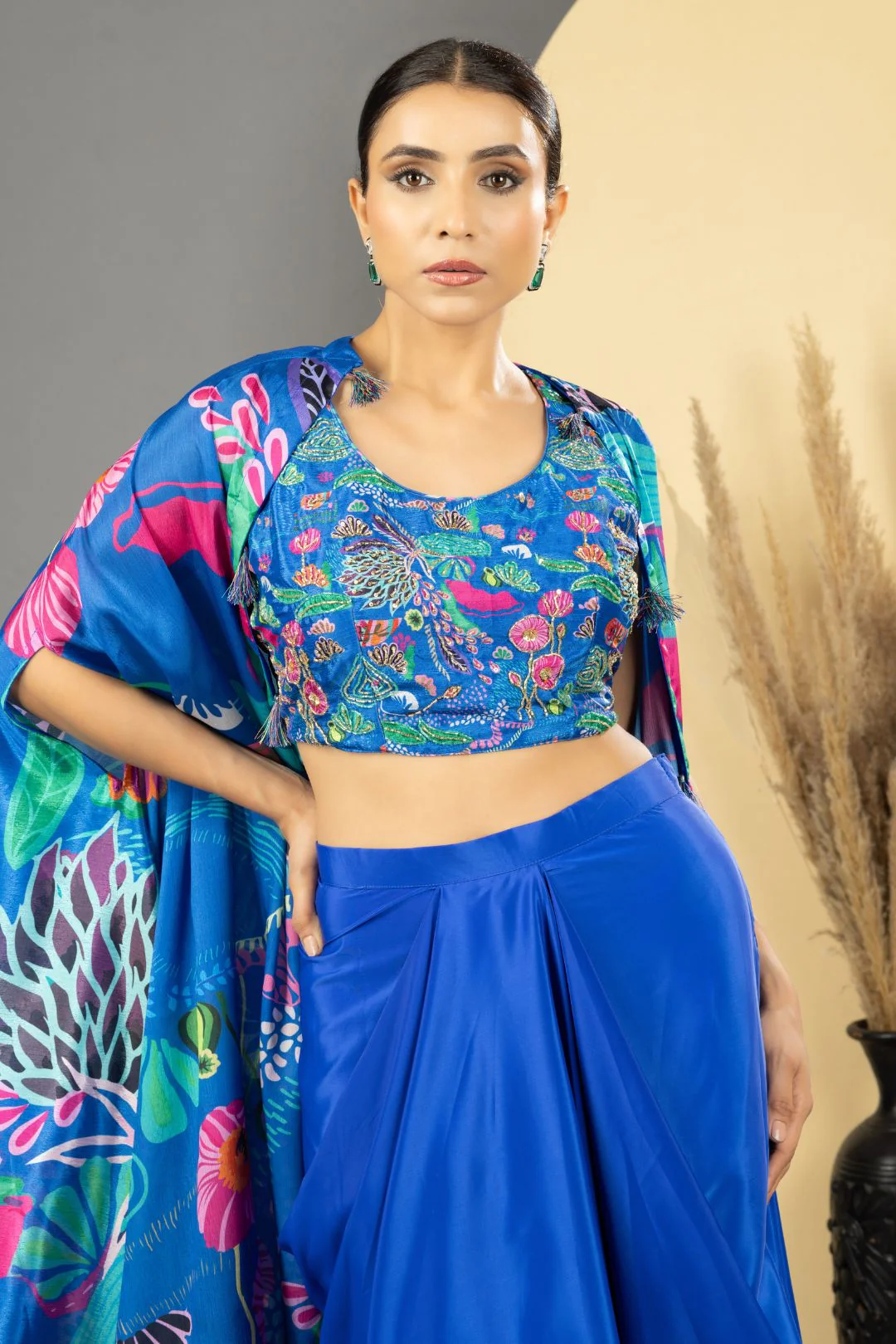 Blue Asymmetric Dhoti Skirt With Cape & Blouse - Image 3