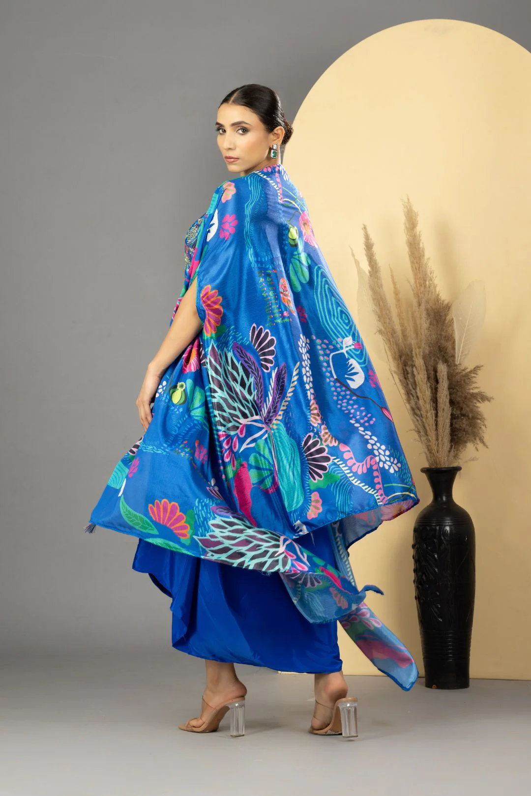 Blue Asymmetric Dhoti Skirt With Cape & Blouse - Image 4