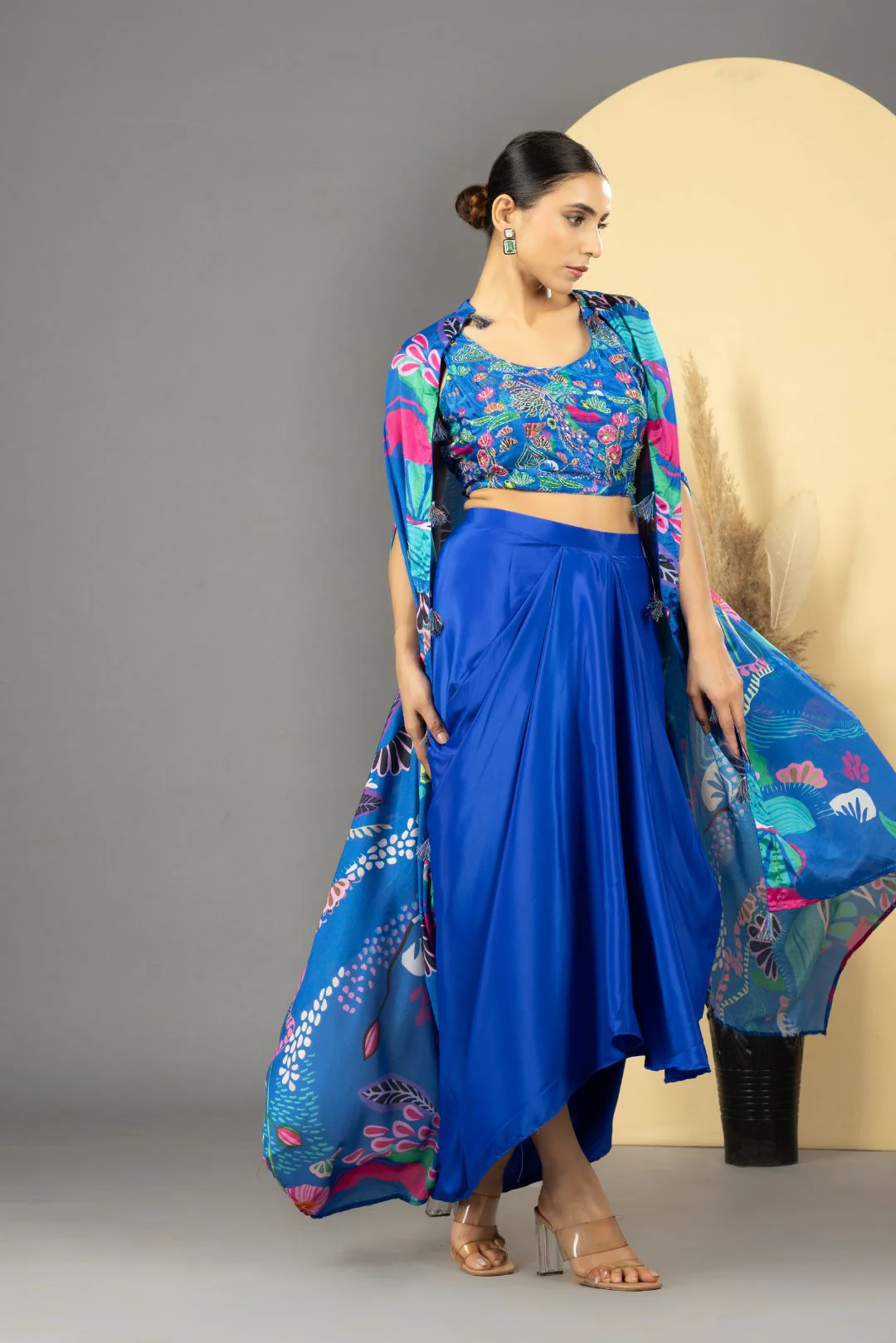 Blue Asymmetric Dhoti Skirt With Cape & Blouse - Image 5