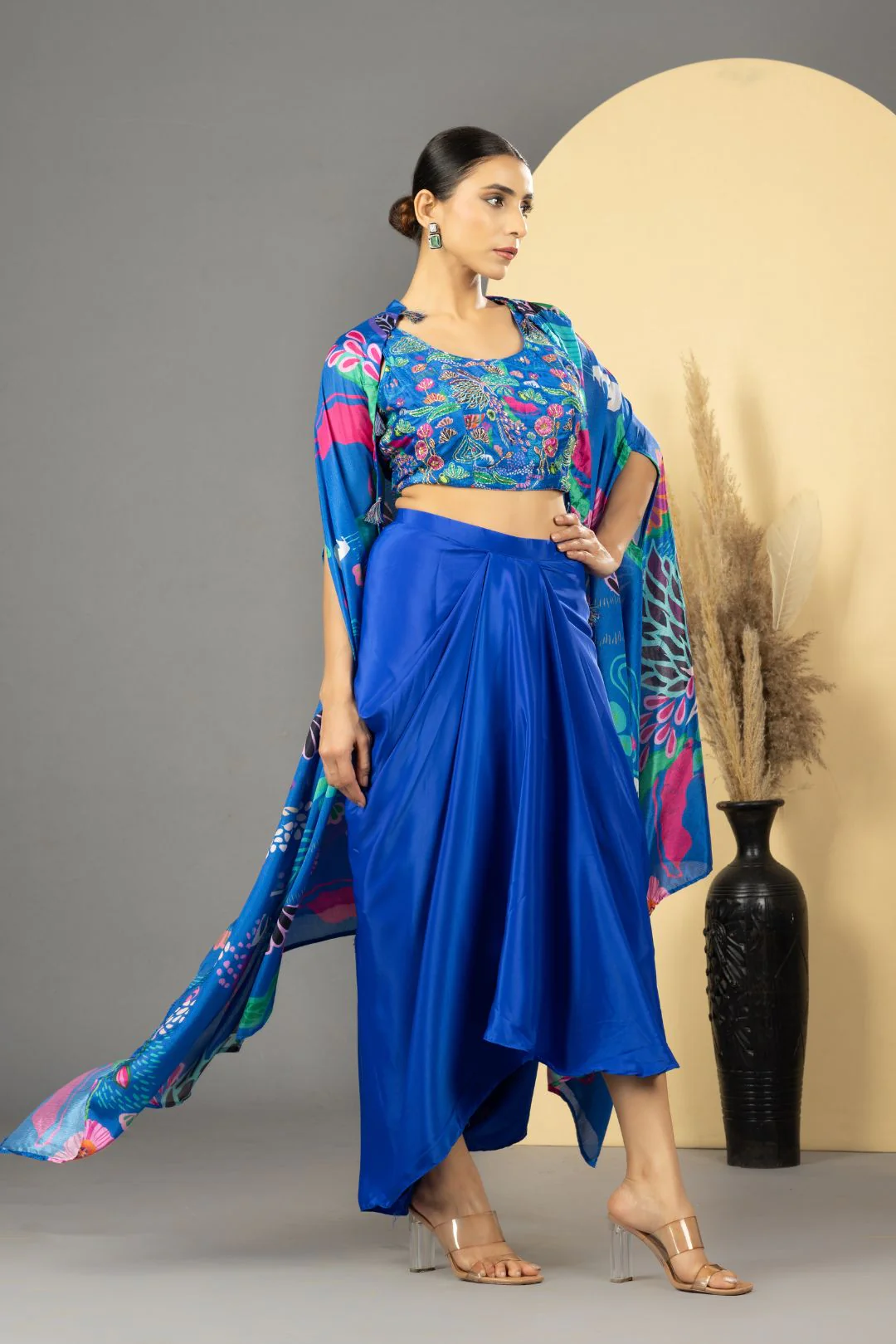 Blue Asymmetric Dhoti Skirt With Cape & Blouse - Image 6