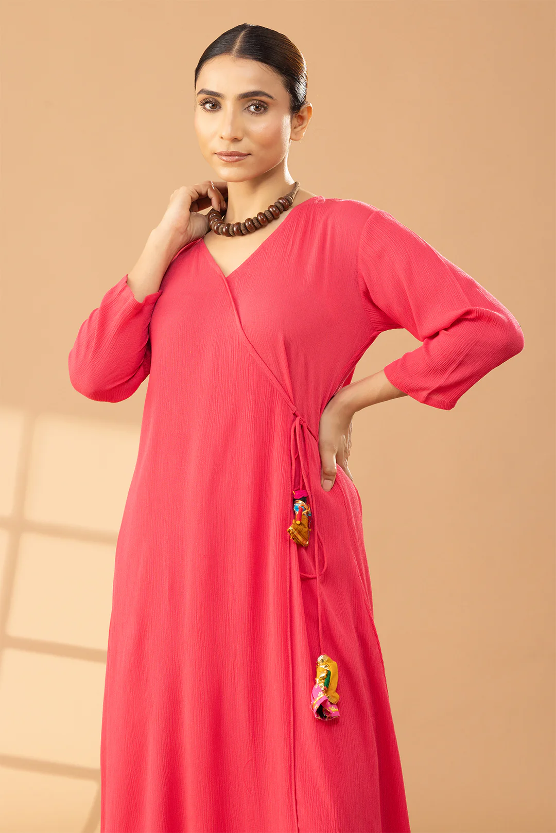 Bright Pink Cotton Angrakha Kurta Set - Image 3