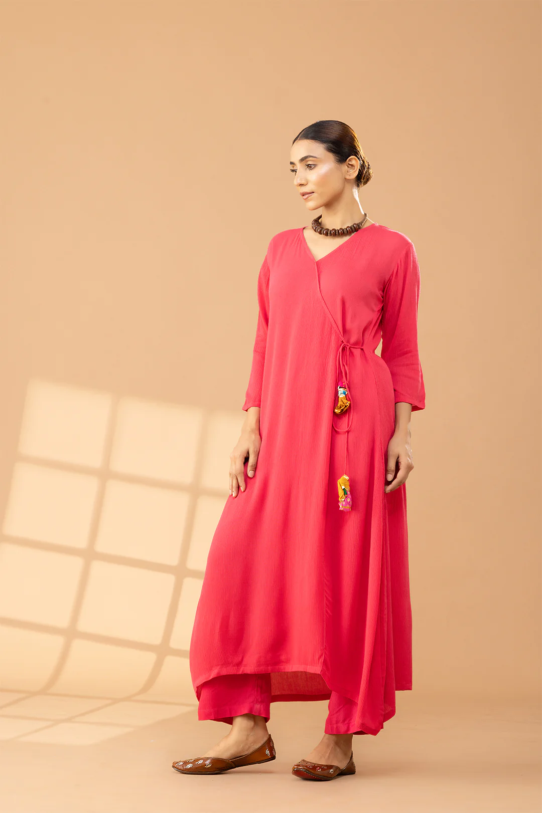Bright Pink Cotton Angrakha Kurta Set - Image 5