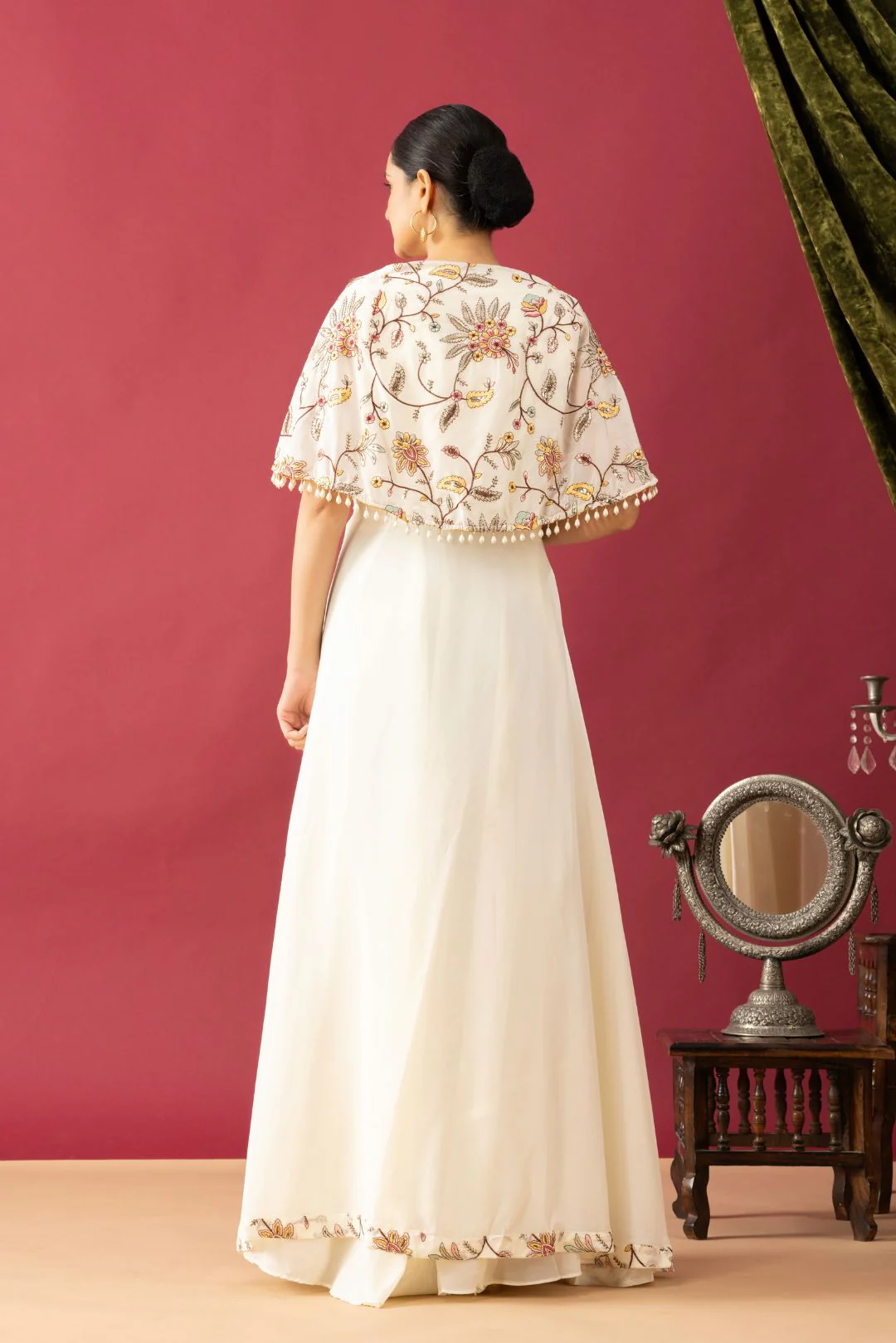 Embroidered White Lehenga set in Cape Style - Image 4