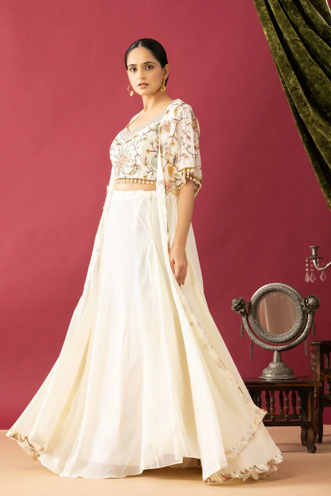 Embroidered White Lehenga set in Cape Style - Image 5