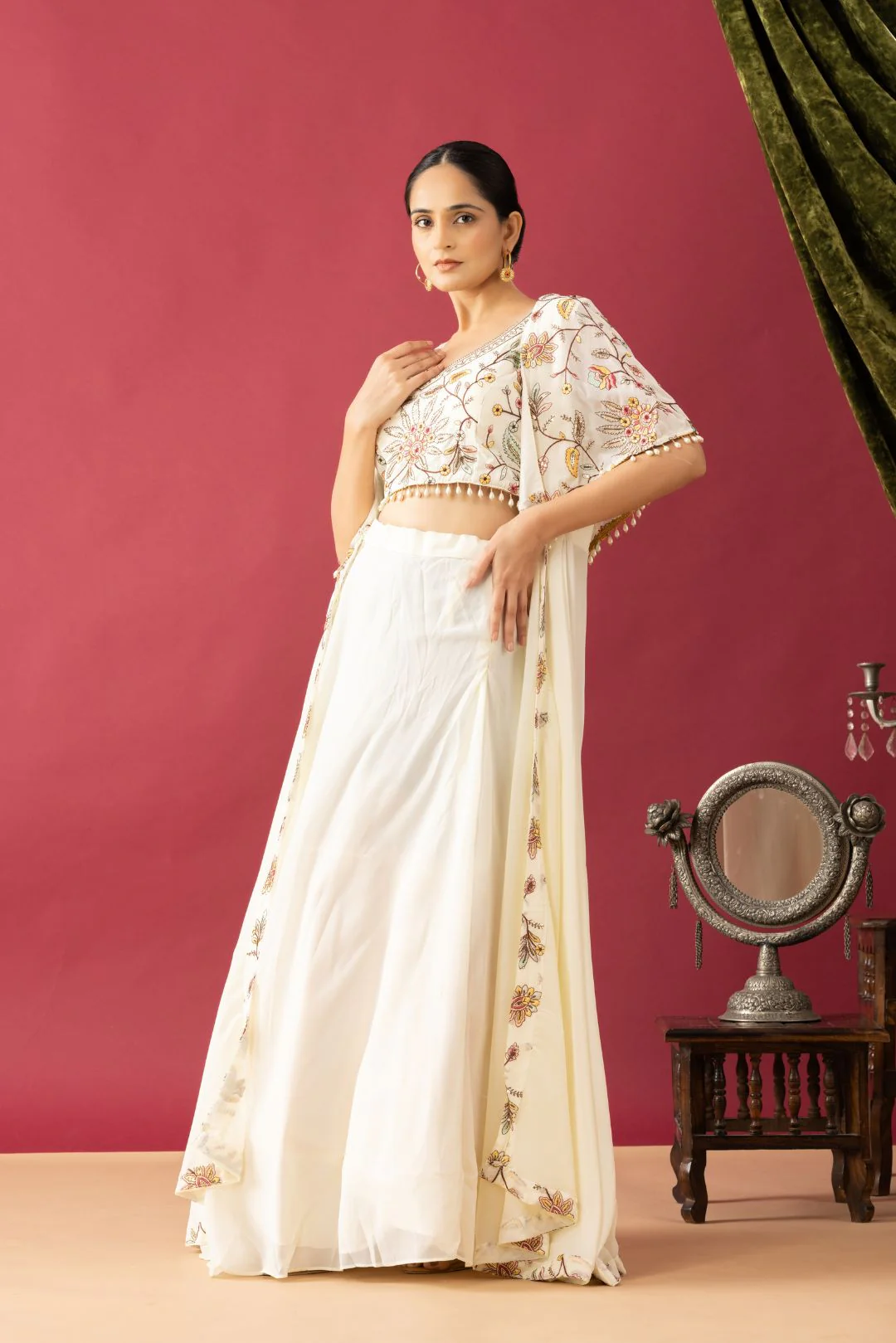 Embroidered White Lehenga set in Cape Style - Image 6
