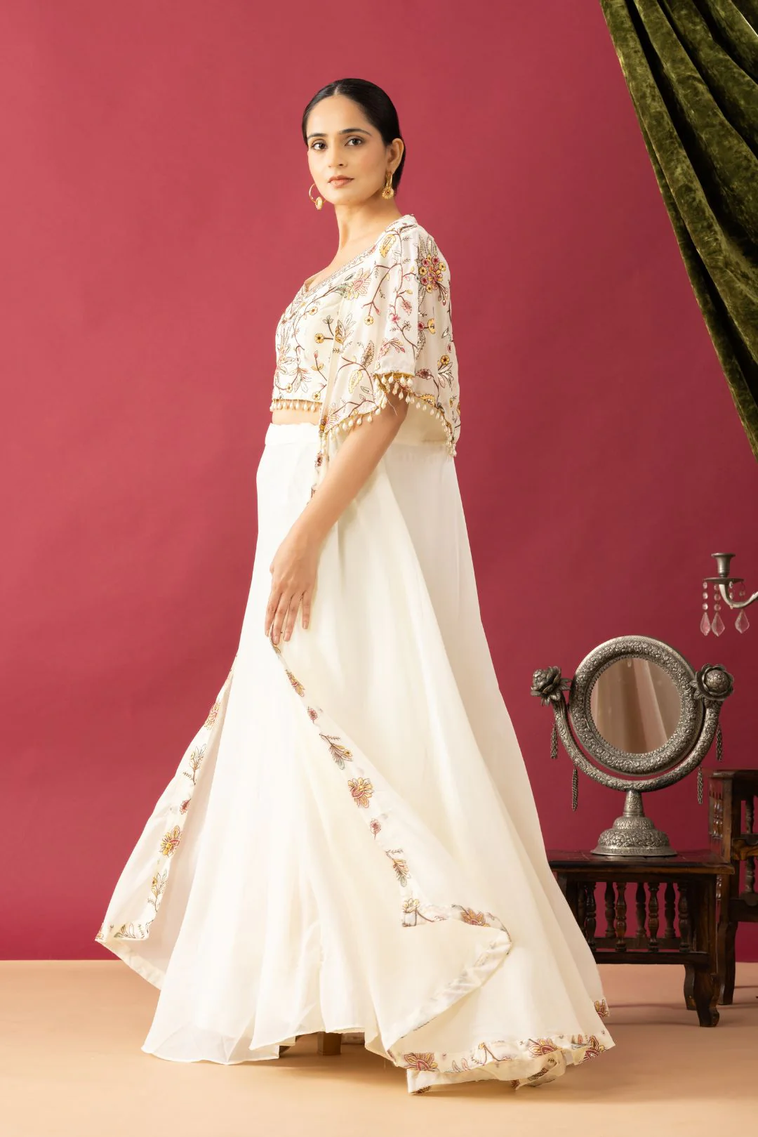 Embroidered White Lehenga set in Cape Style - Image 7