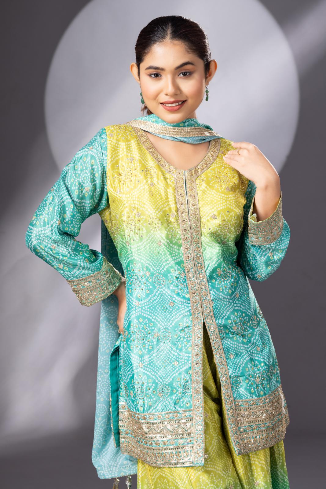 Stunning Mehendi Green Bandhani Print Sharara Set - Image 3