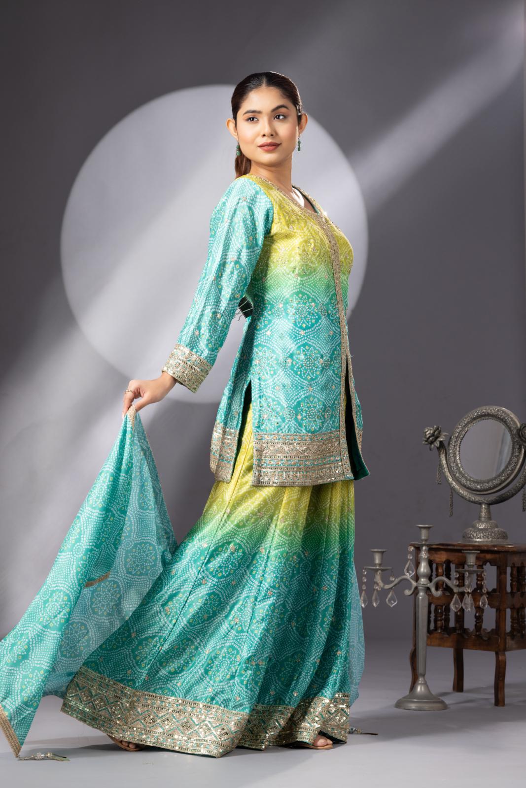 Stunning Mehendi Green Bandhani Print Sharara Set - Image 4