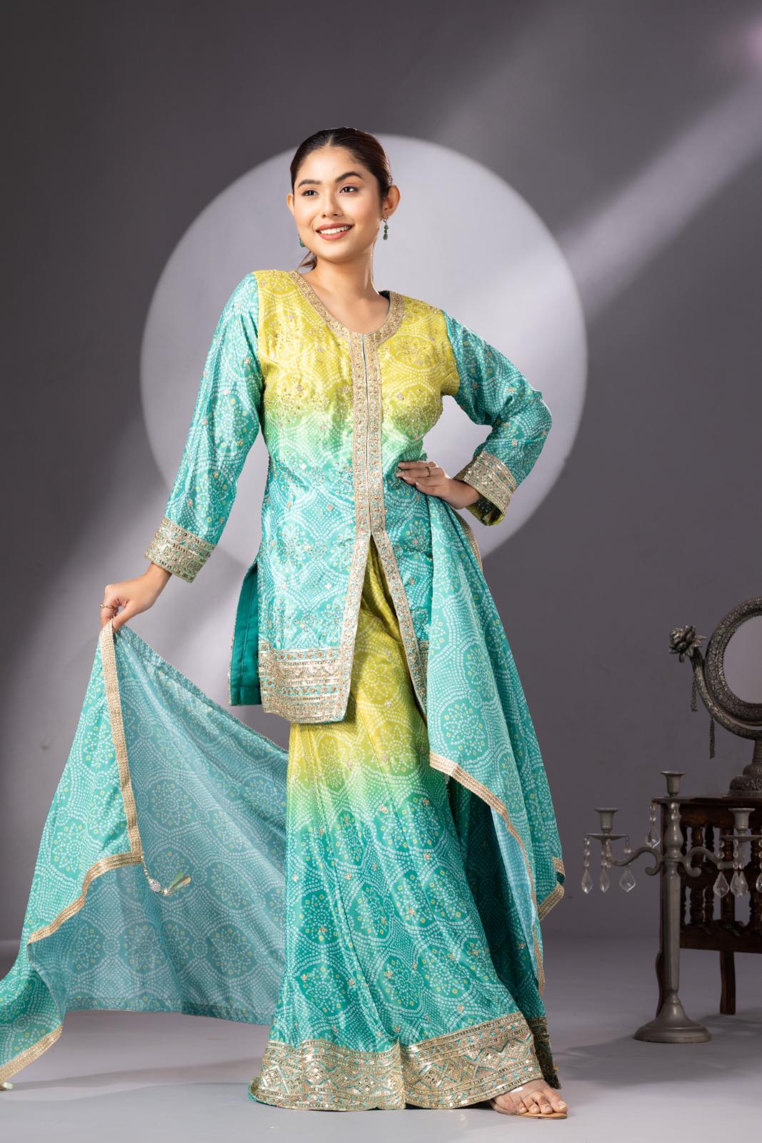 Stunning Mehendi Green Bandhani Print Sharara Set - Image 5