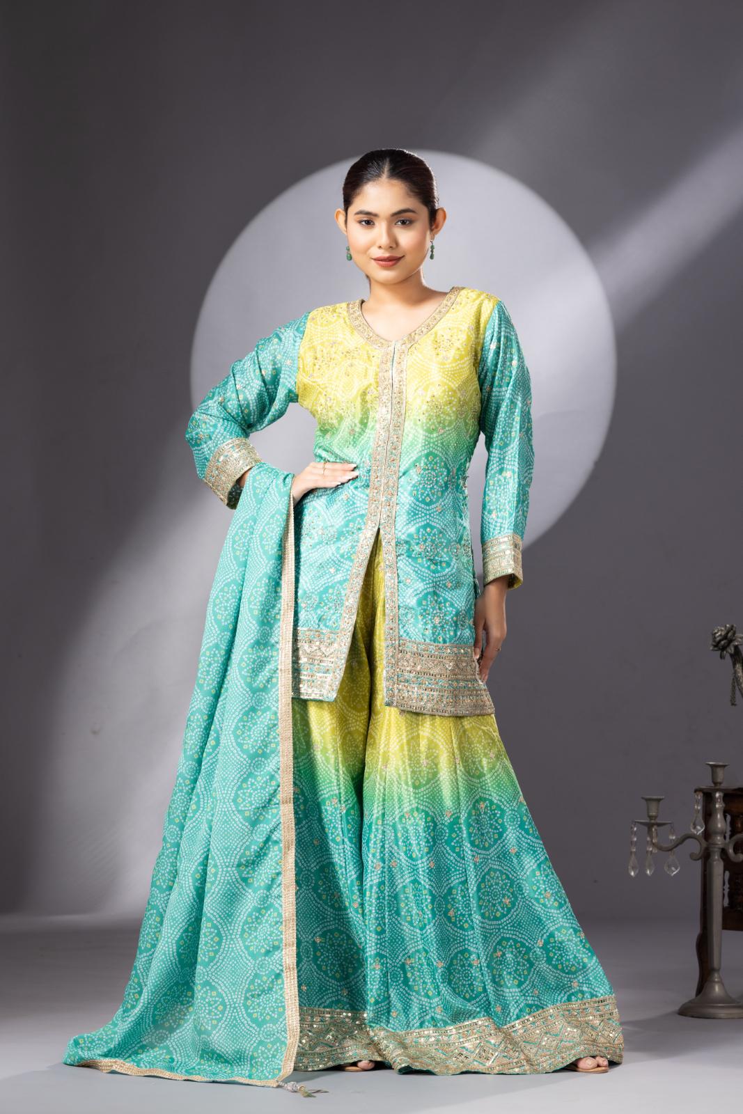 Stunning Mehendi Green Bandhani Print Sharara Set - Image 6