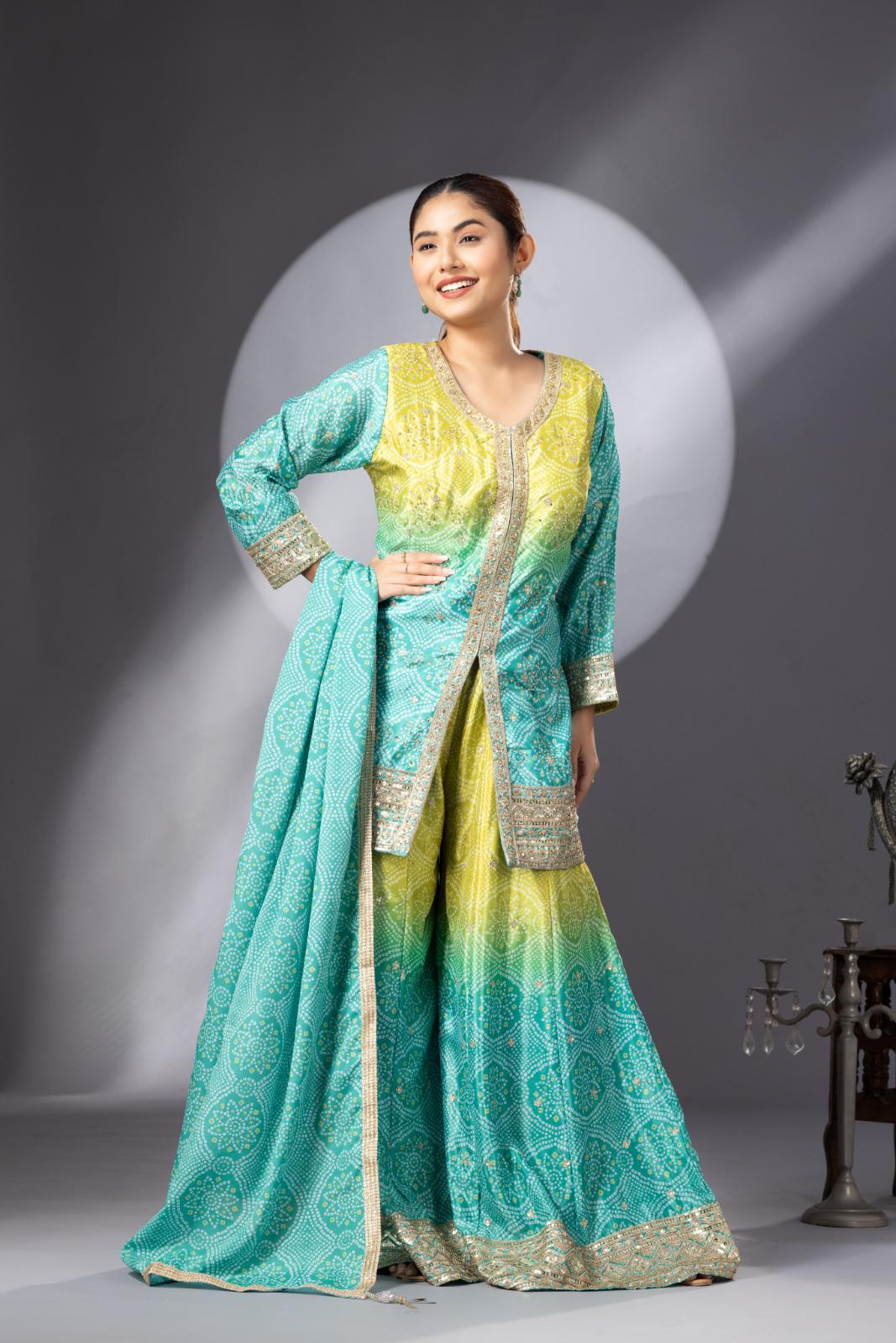 Stunning Mehendi Green Bandhani Print Sharara Set - Image 7