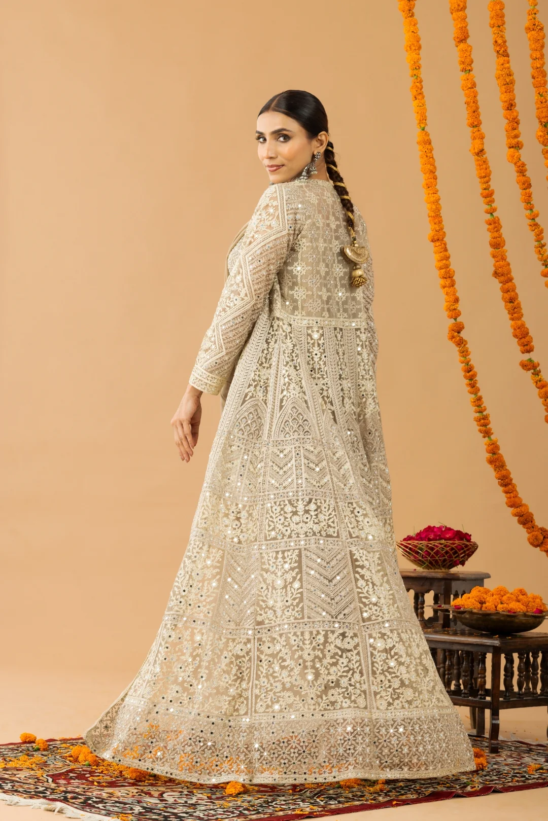 Beige Gold Draped Saree with Heavy Embroidered Shrug & Blouse - Image 4