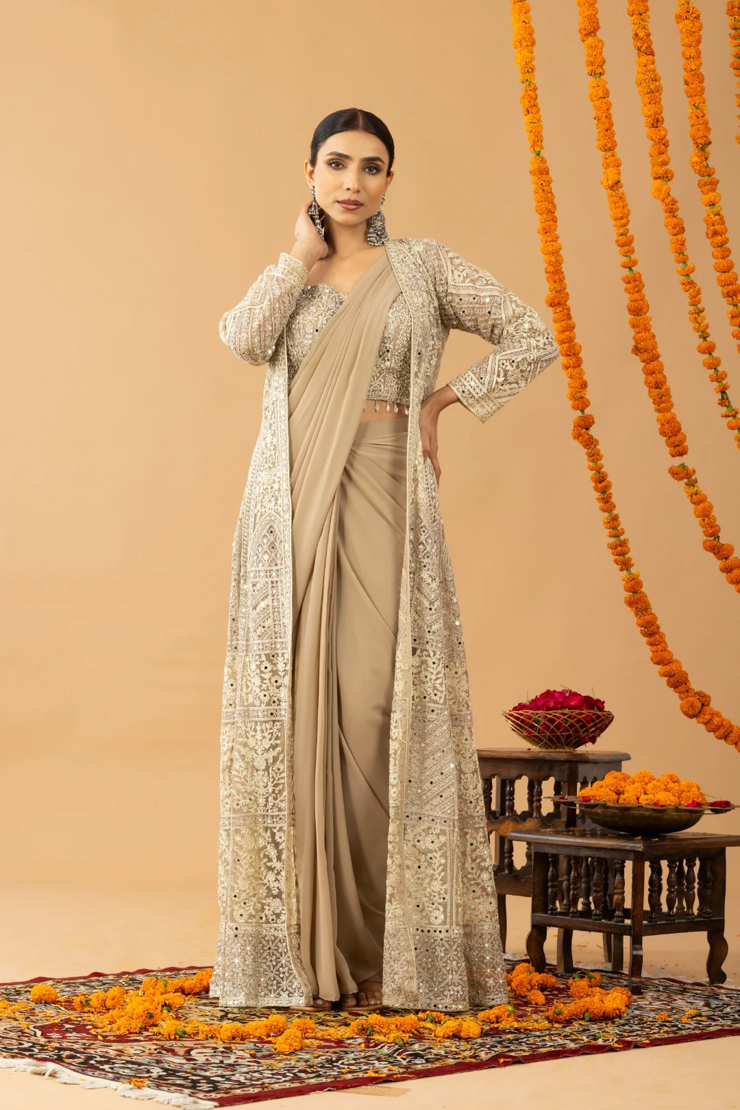 Beige Gold Draped Saree with Heavy Embroidered Shrug & Blouse - Image 5