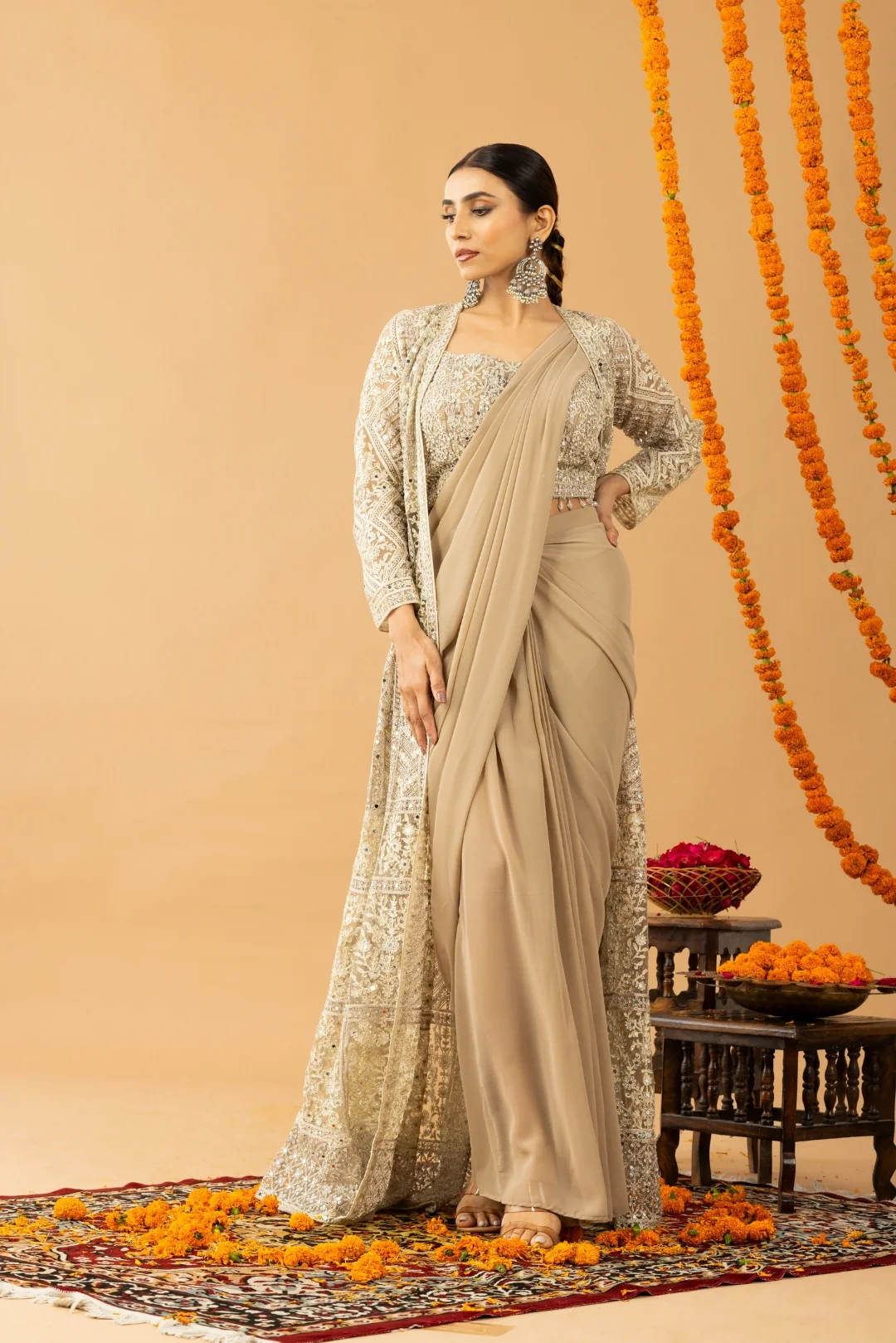 Beige Gold Draped Saree with Heavy Embroidered Shrug & Blouse - Image 6