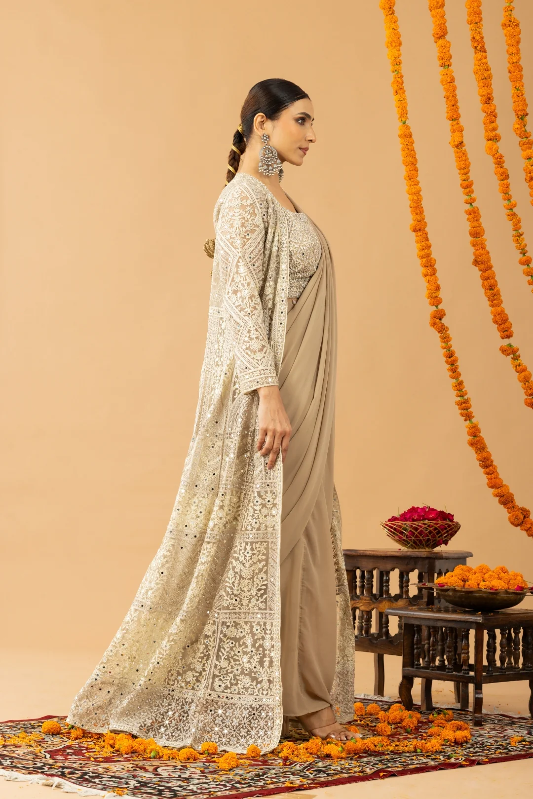 Beige Gold Draped Saree with Heavy Embroidered Shrug & Blouse - Image 7