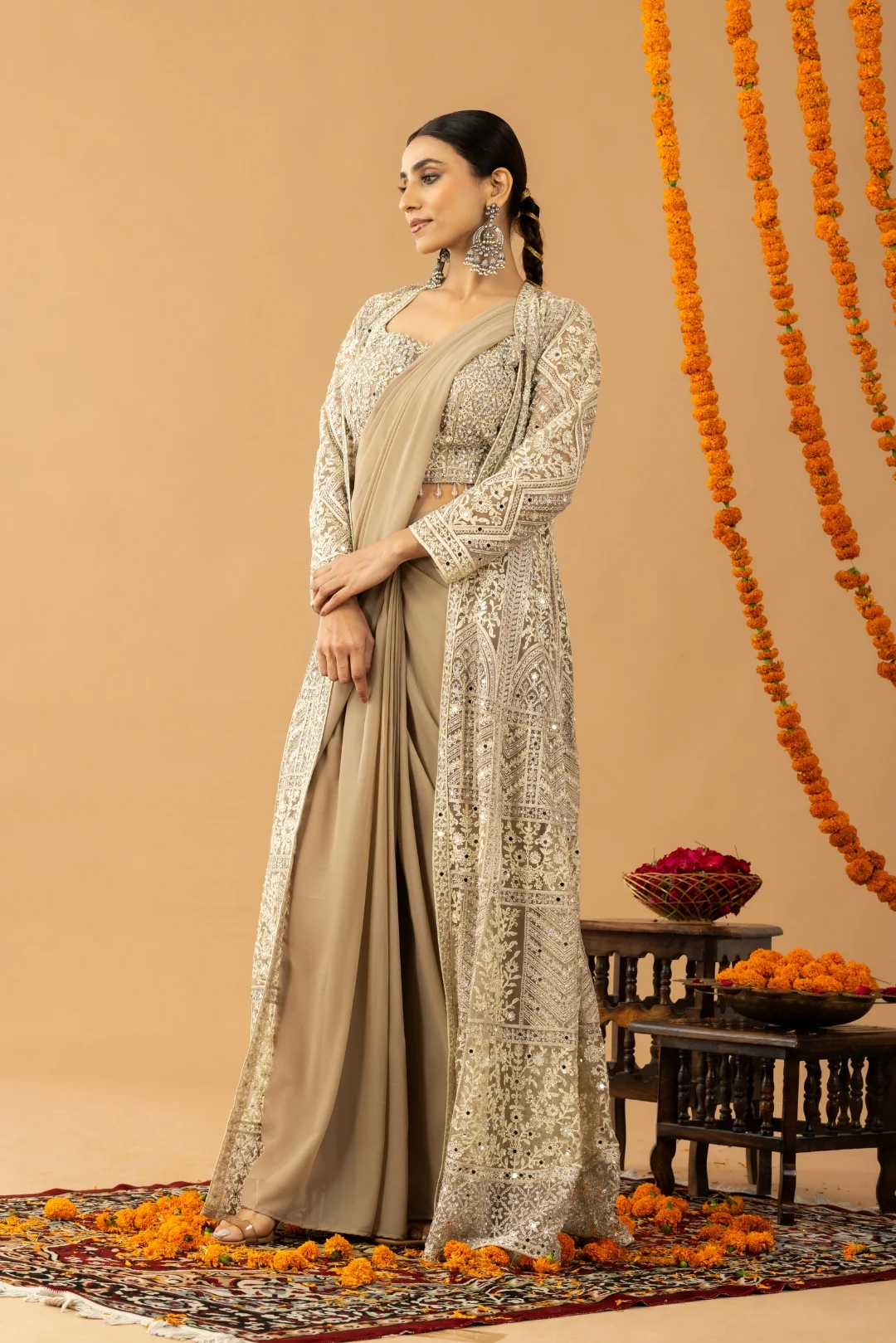 Beige Gold Draped Saree with Heavy Embroidered Shrug & Blouse - Image 8