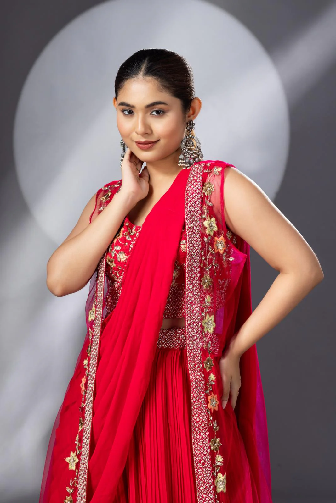 Hot Pink Georgette Draped Jacket Saree Set - Image 3