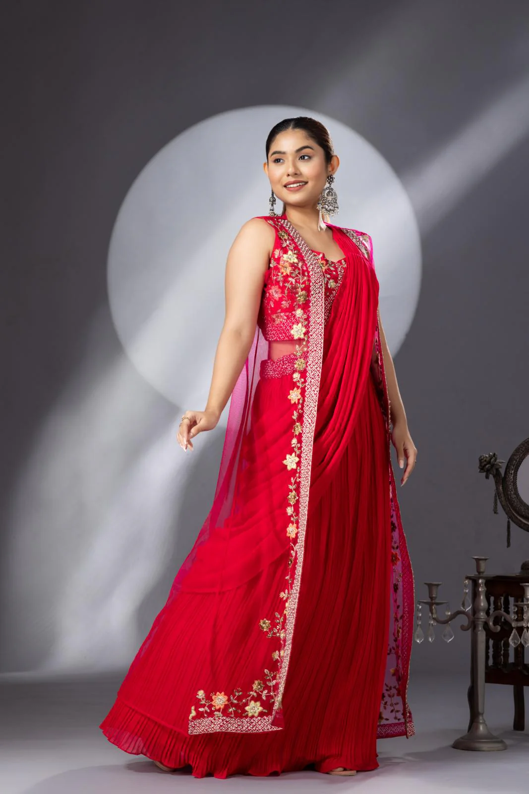 Hot Pink Georgette Draped Jacket Saree Set - Image 4