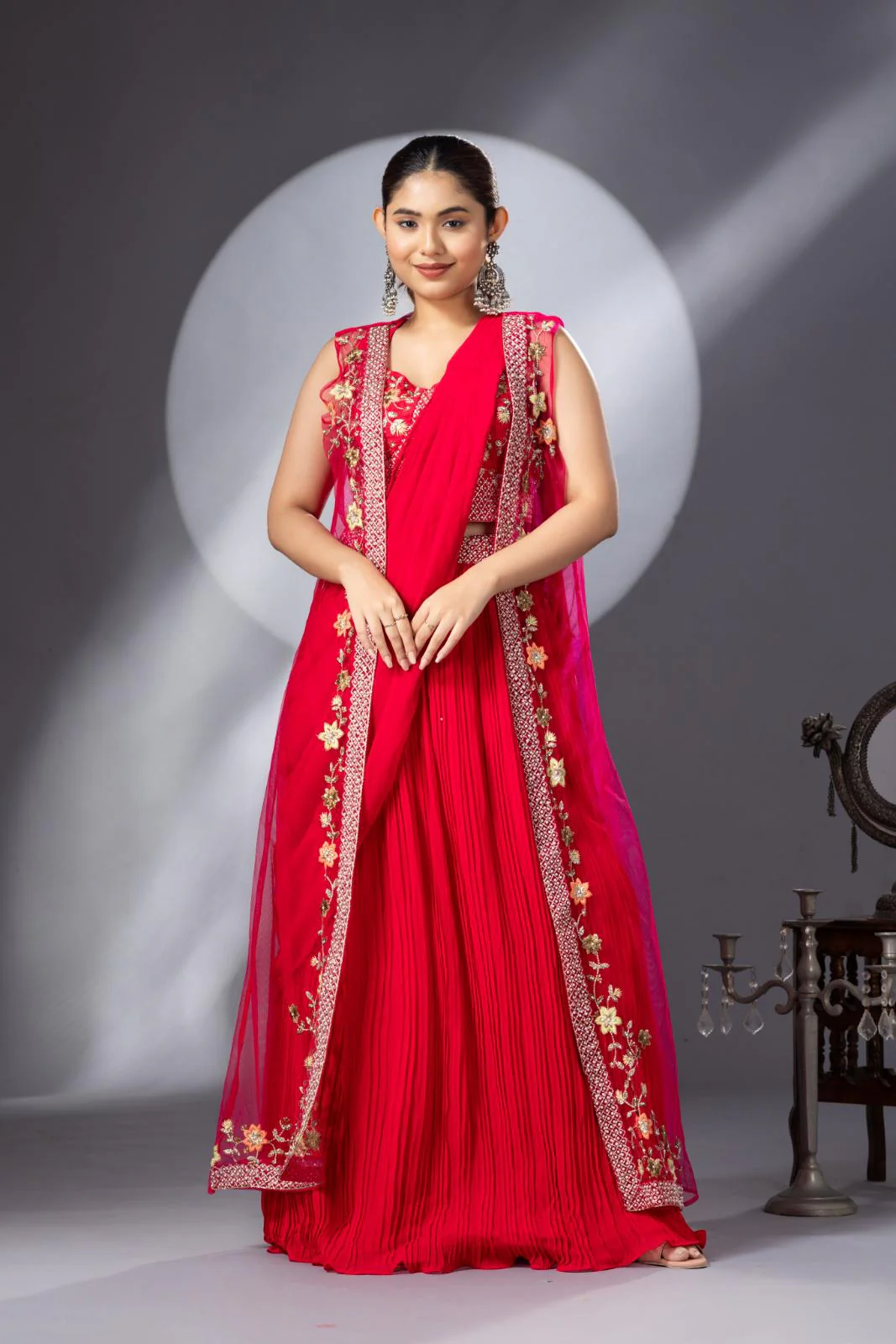 Hot Pink Georgette Draped Jacket Saree Set - Image 5