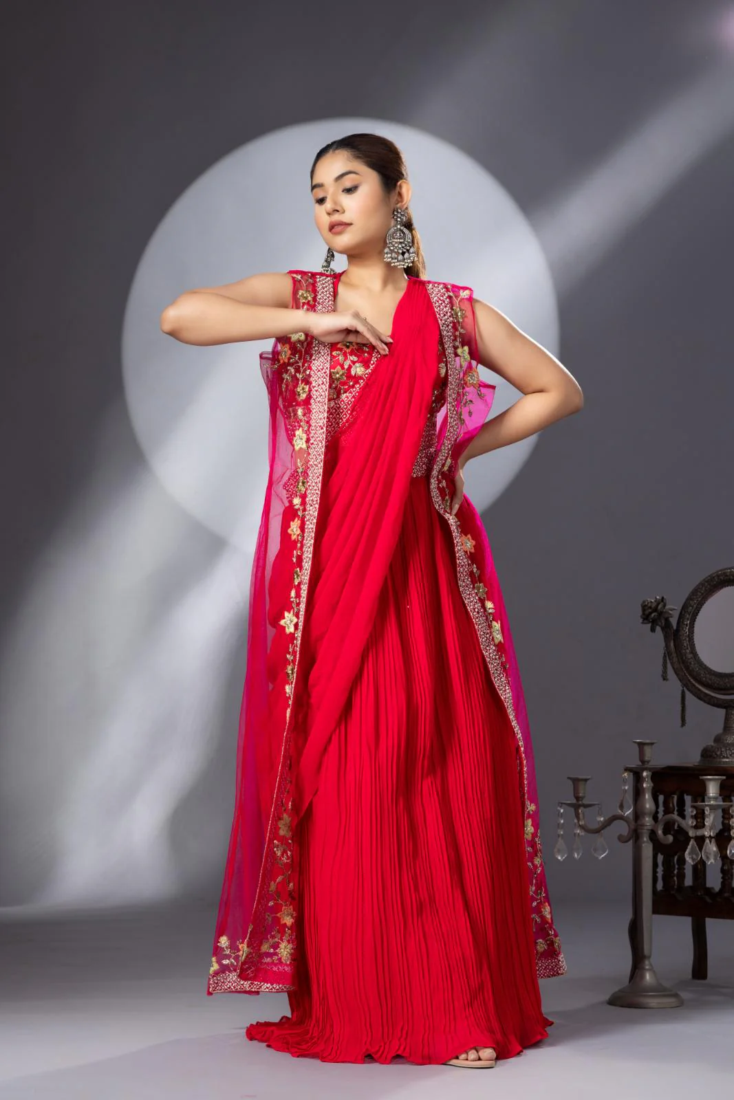 Hot Pink Georgette Draped Jacket Saree Set - Image 6