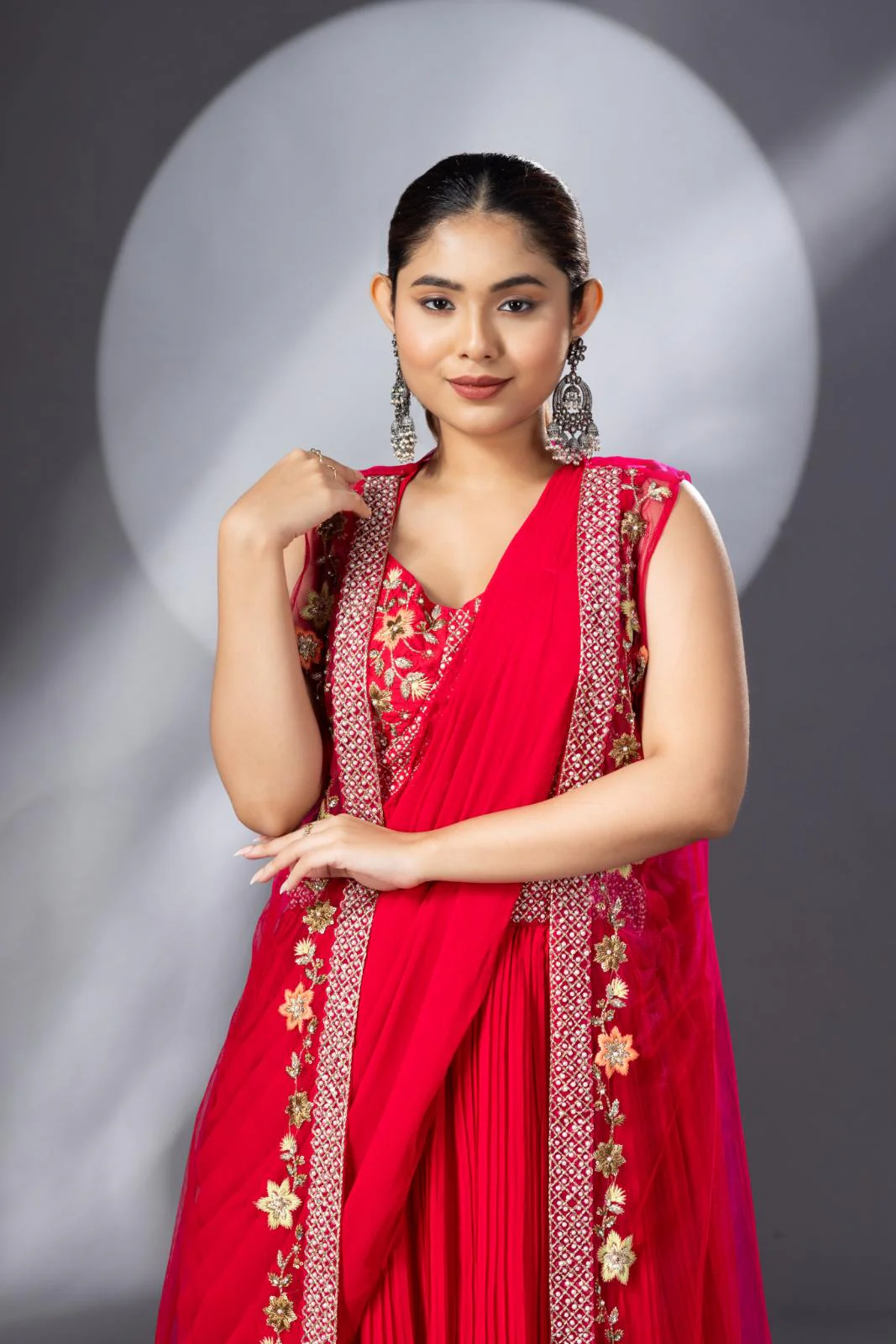 Hot Pink Georgette Draped Jacket Saree Set - Image 7