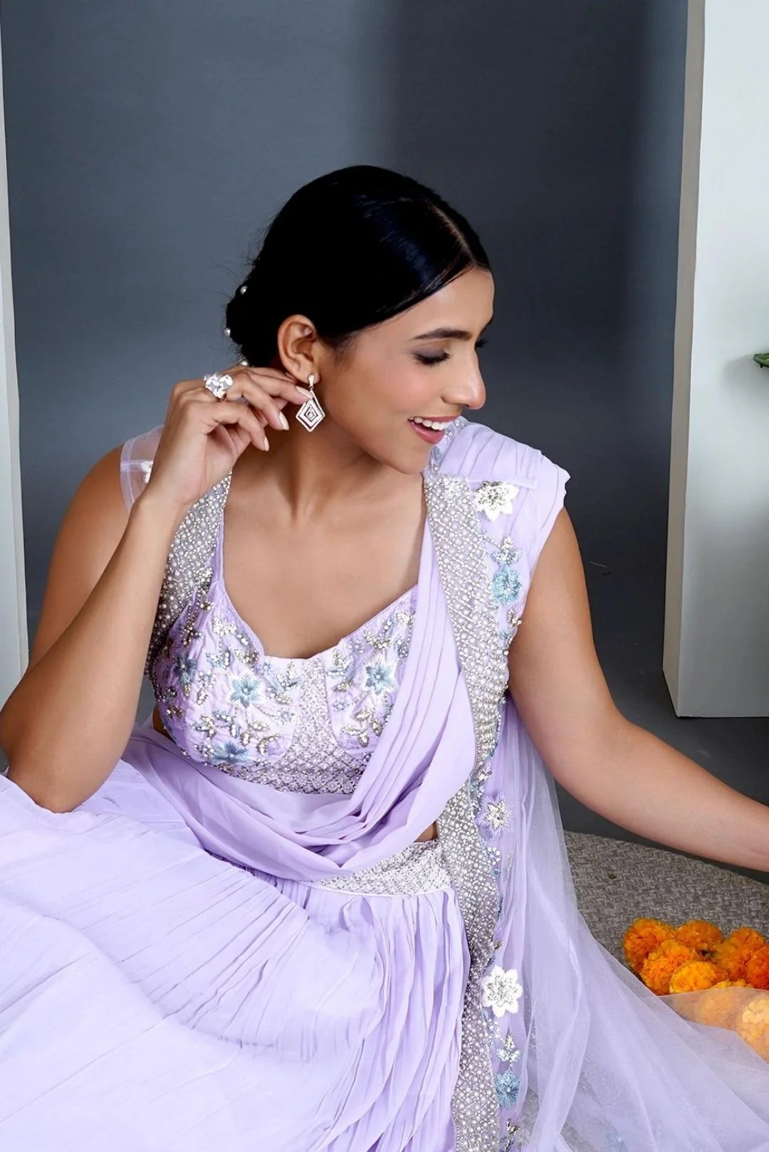 Lavender Georgette Draped Jacket Saree Set - Image 3