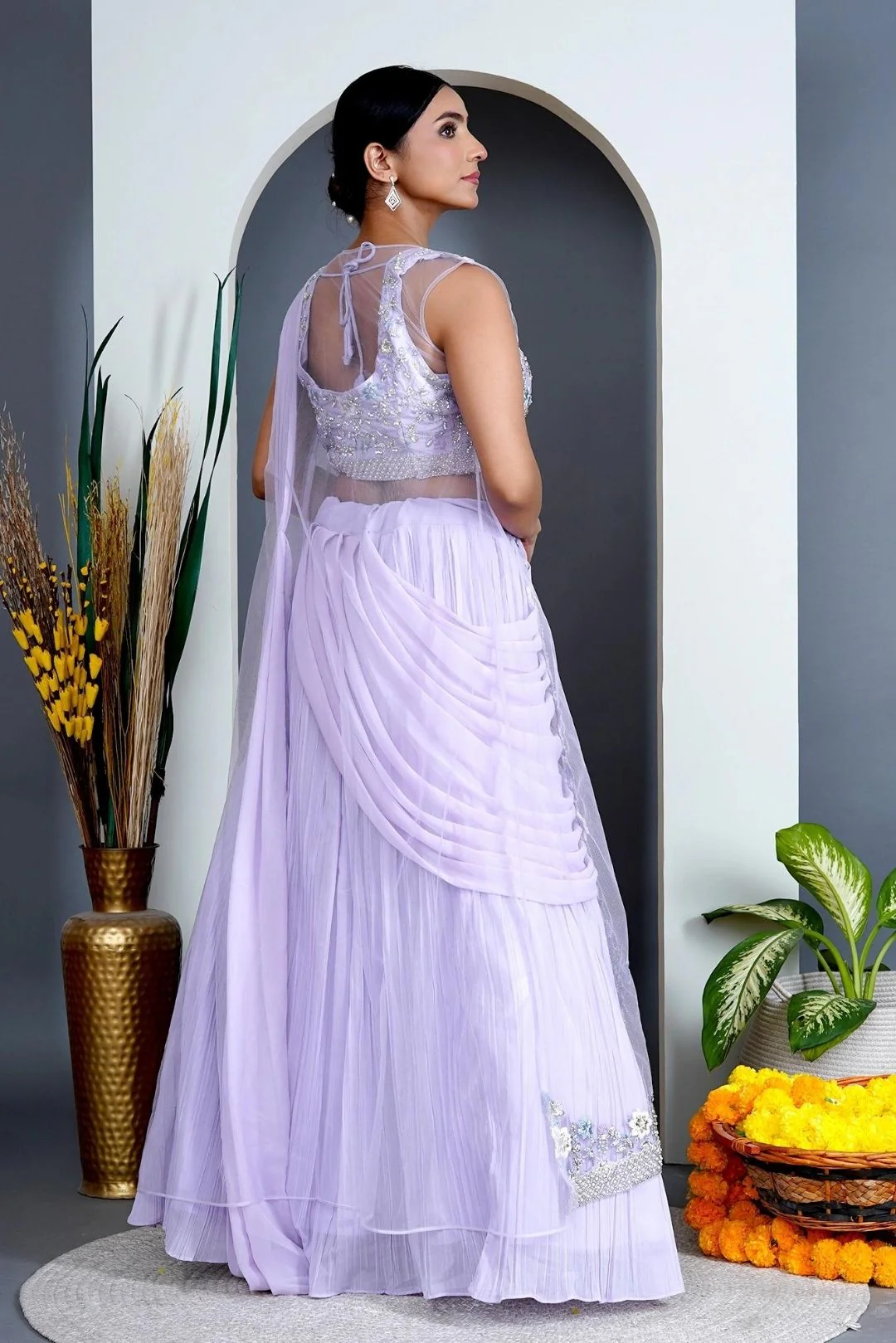 Lavender Georgette Draped Jacket Saree Set - Image 4