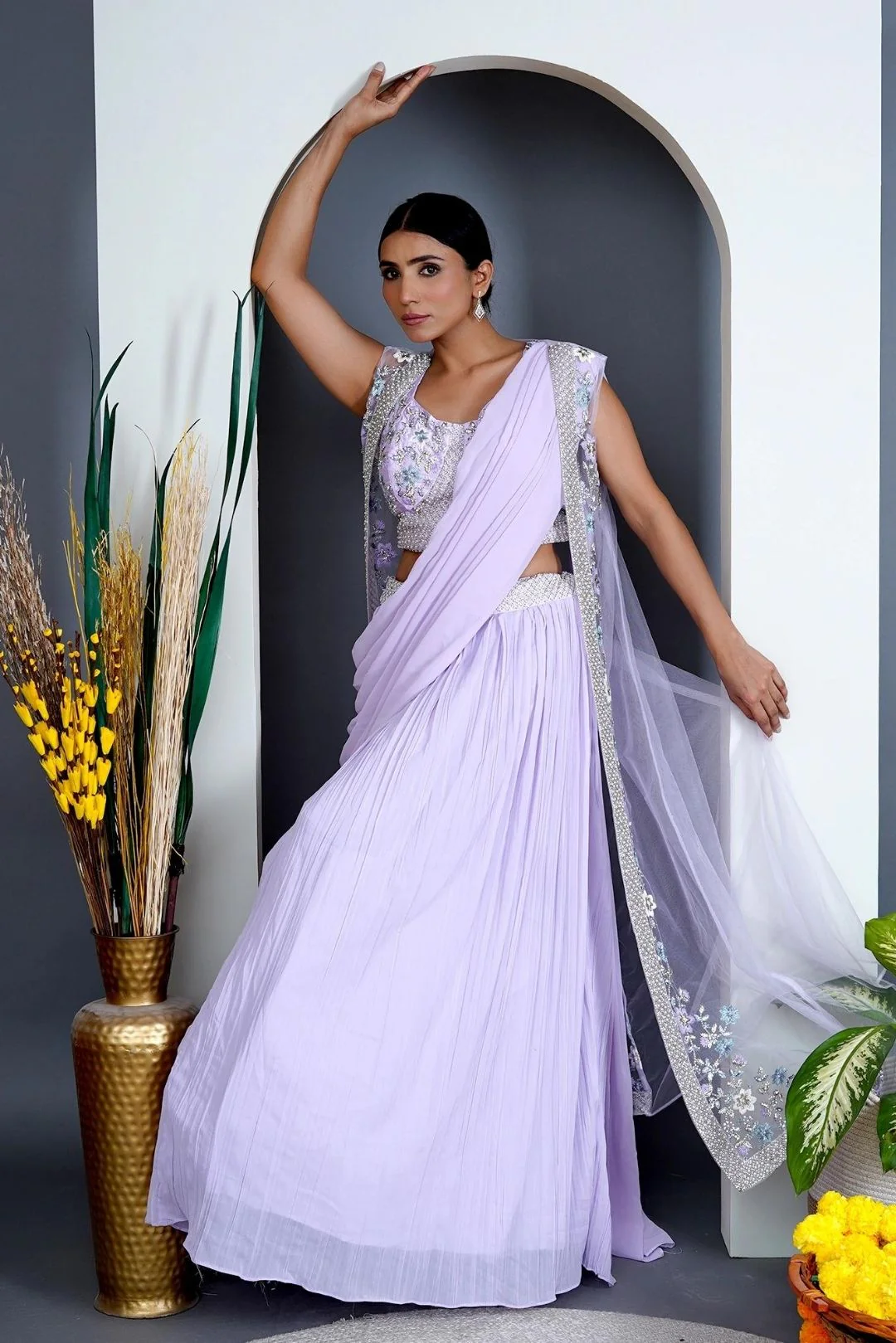 Lavender Georgette Draped Jacket Saree Set - Image 6