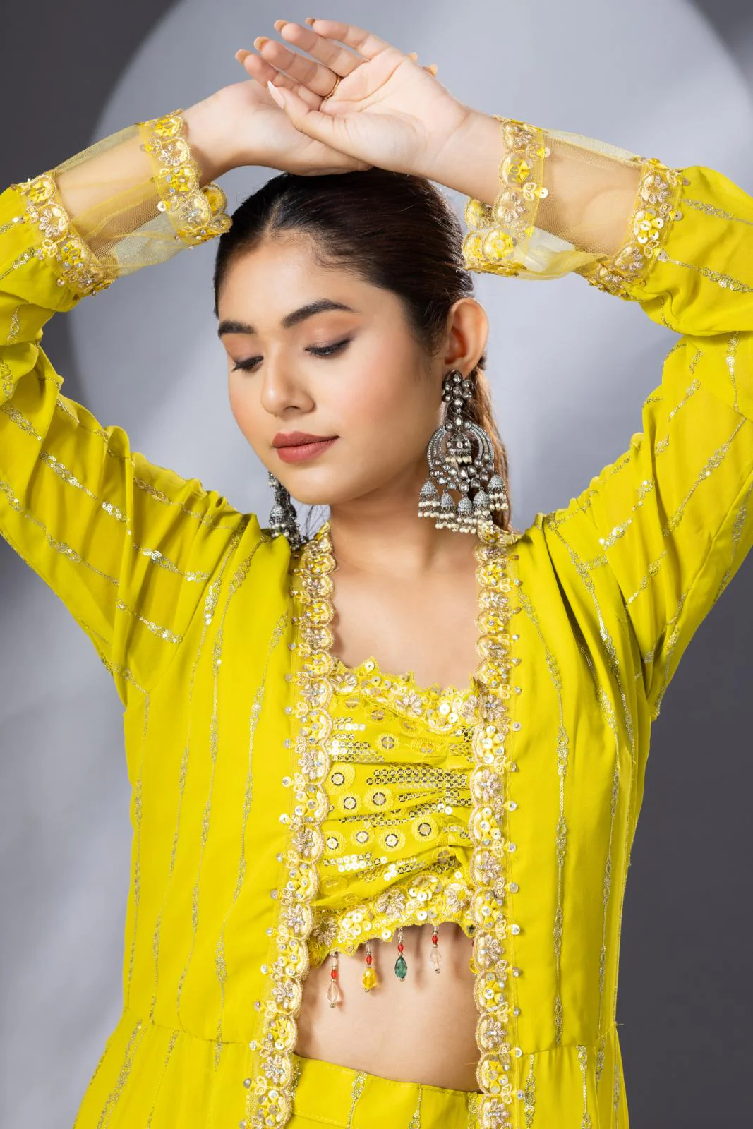 Yellow Lehenga Set with Long Cape - Image 3