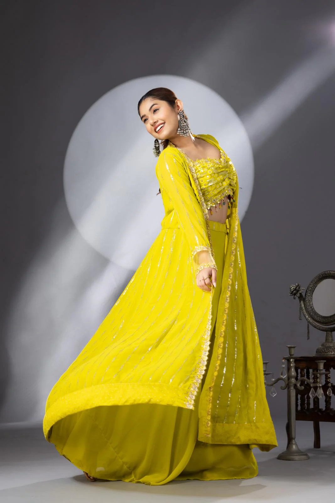 Yellow Lehenga Set with Long Cape - Image 8