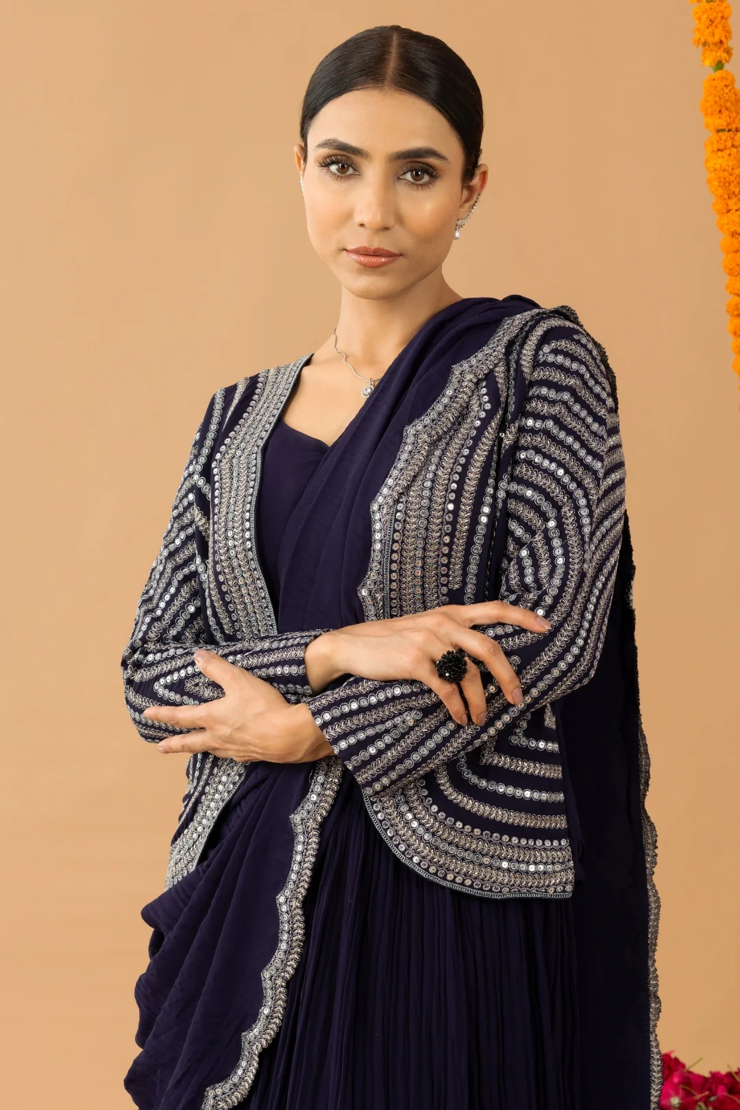 Blue Organza Silk Jacket Style Crop Top Lehenga with Attached Dupatta - Image 3