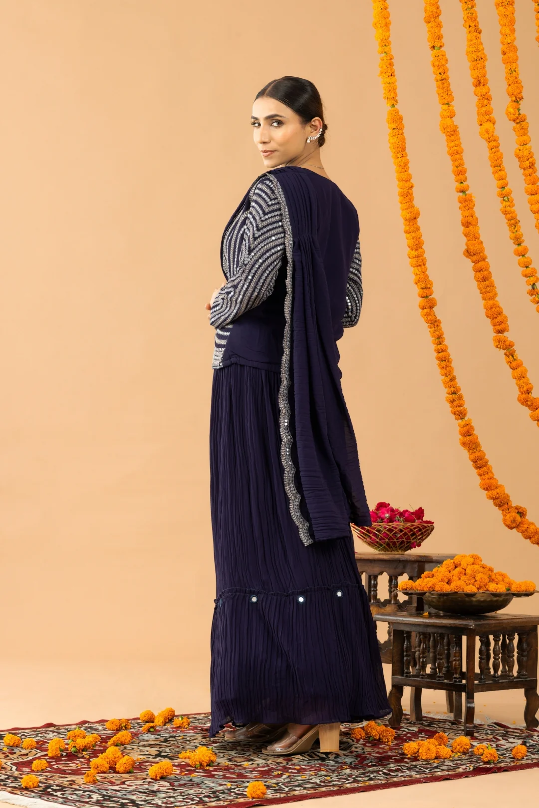 Blue Organza Silk Jacket Style Crop Top Lehenga with Attached Dupatta - Image 4