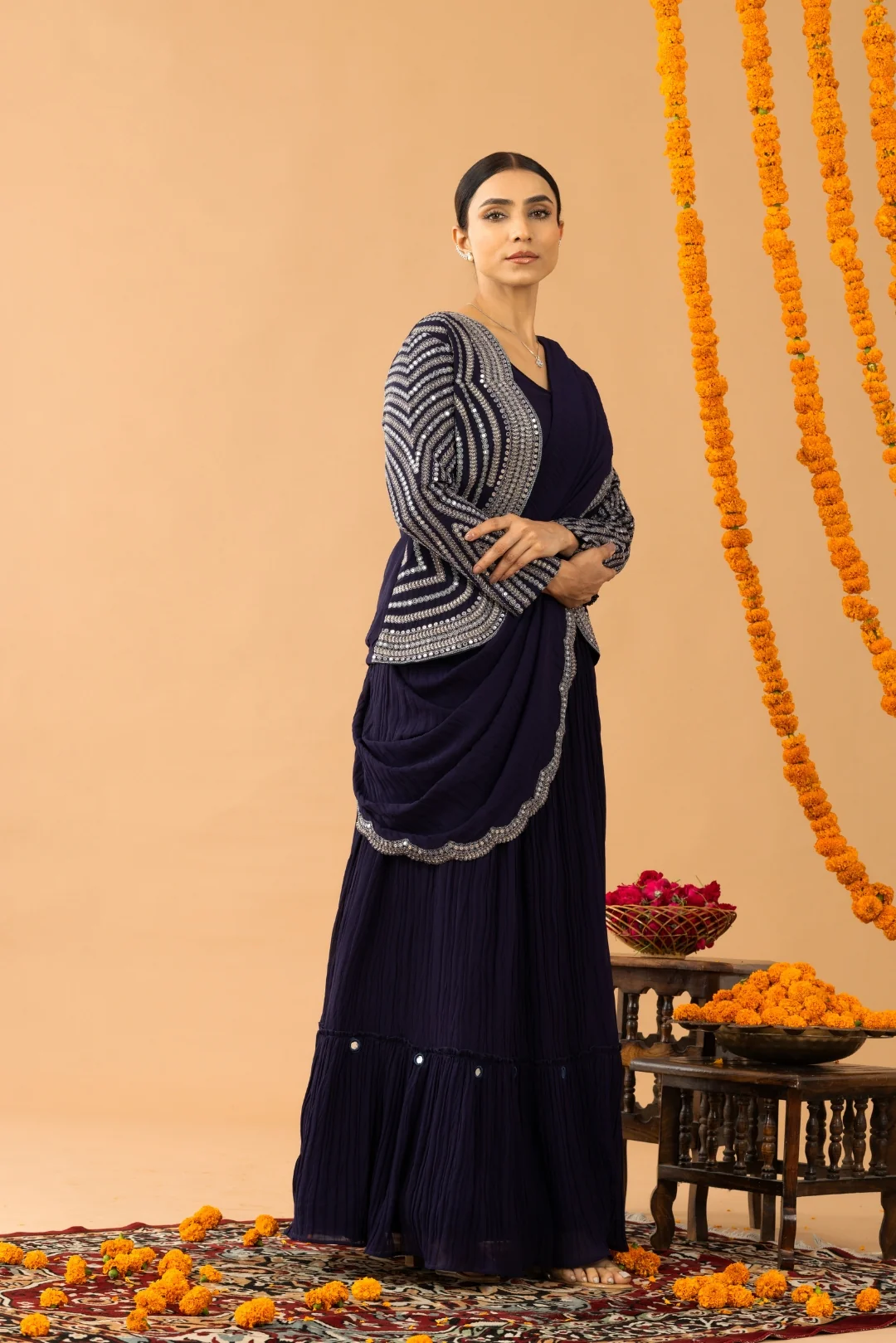 Blue Organza Silk Jacket Style Crop Top Lehenga with Attached Dupatta - Image 5