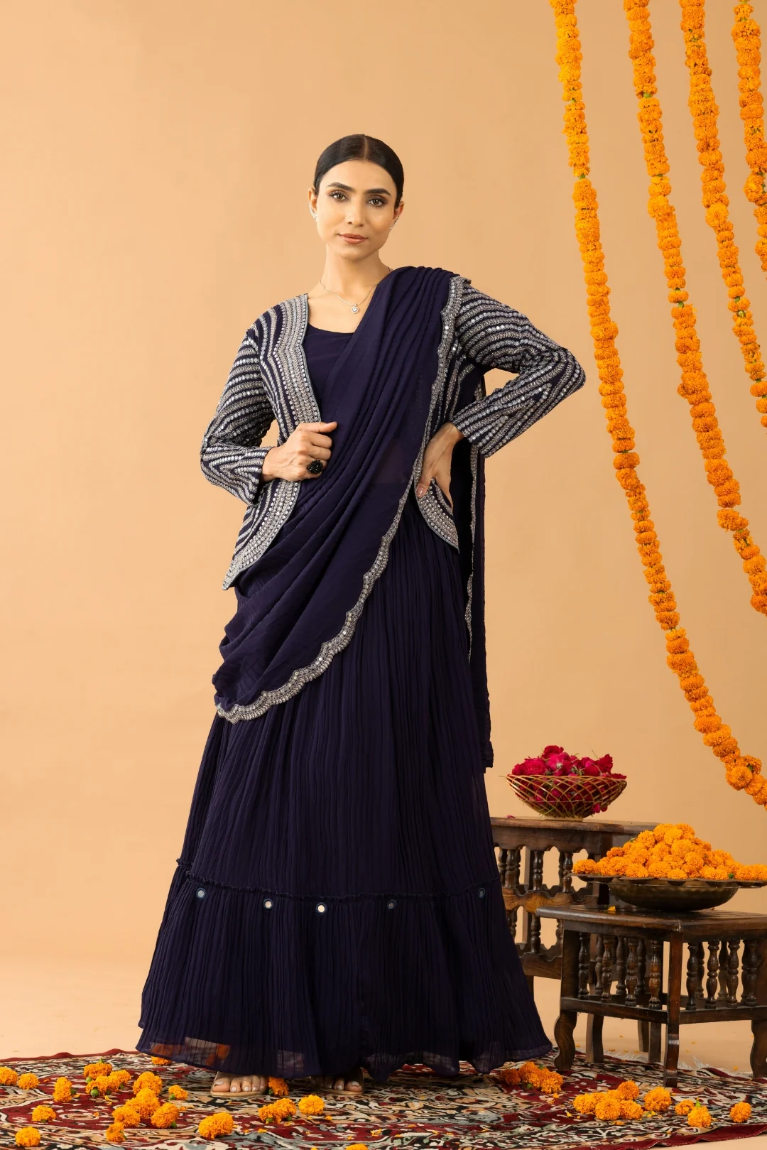 Blue Organza Silk Jacket Style Crop Top Lehenga with Attached Dupatta - Image 6