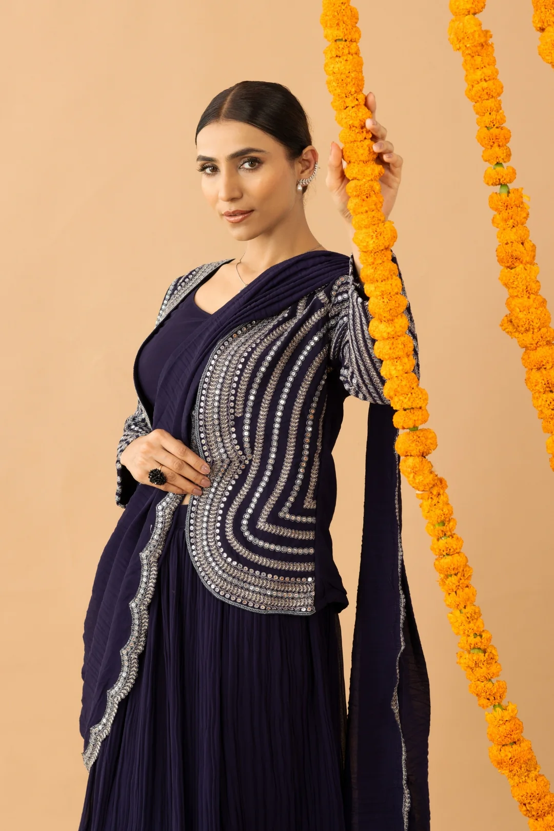 Blue Organza Silk Jacket Style Crop Top Lehenga with Attached Dupatta - Image 7