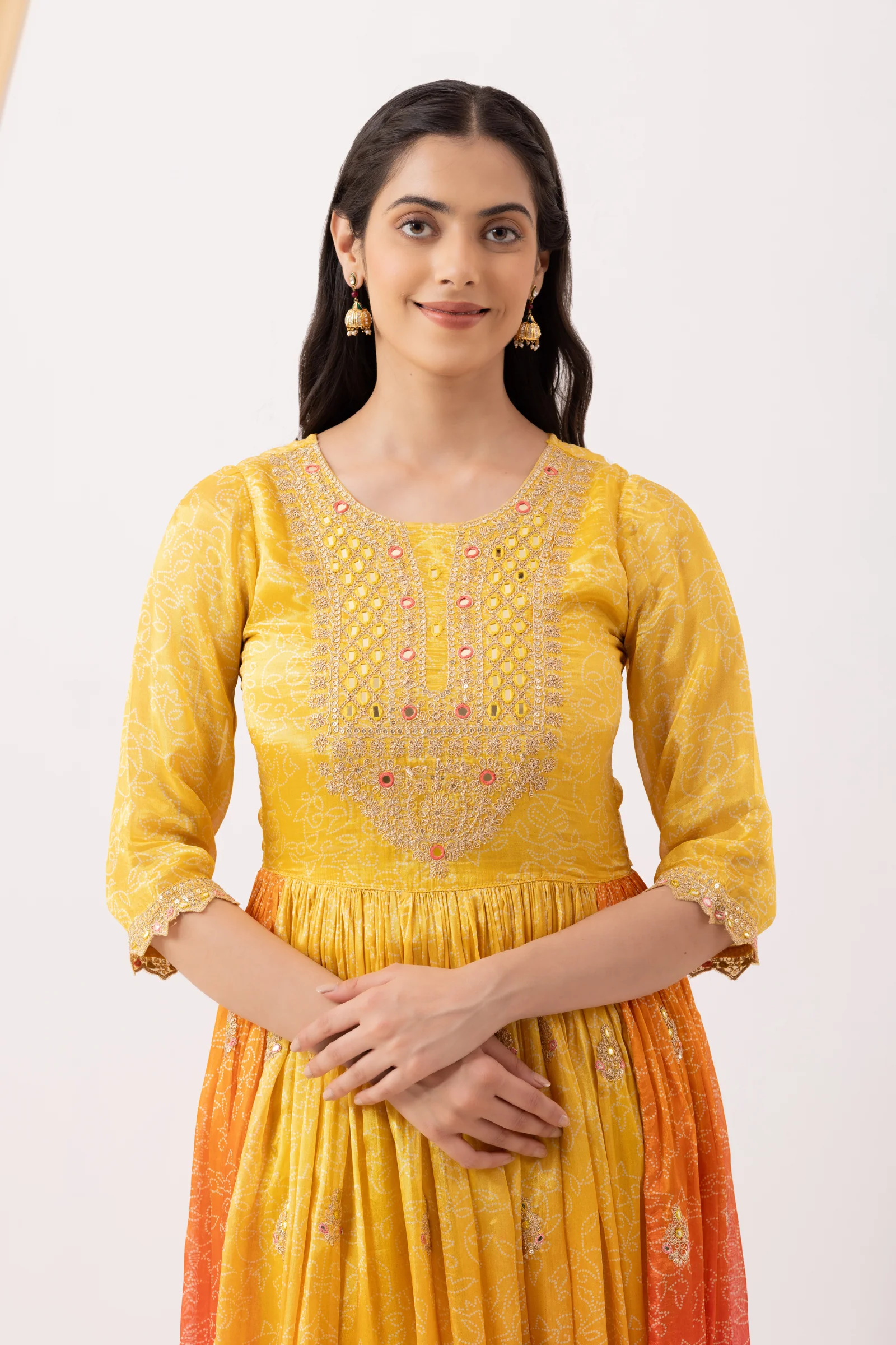 Yellow & Pink Ombre Crepe Printed & Hand Embroidered Anarkali Set - Image 3