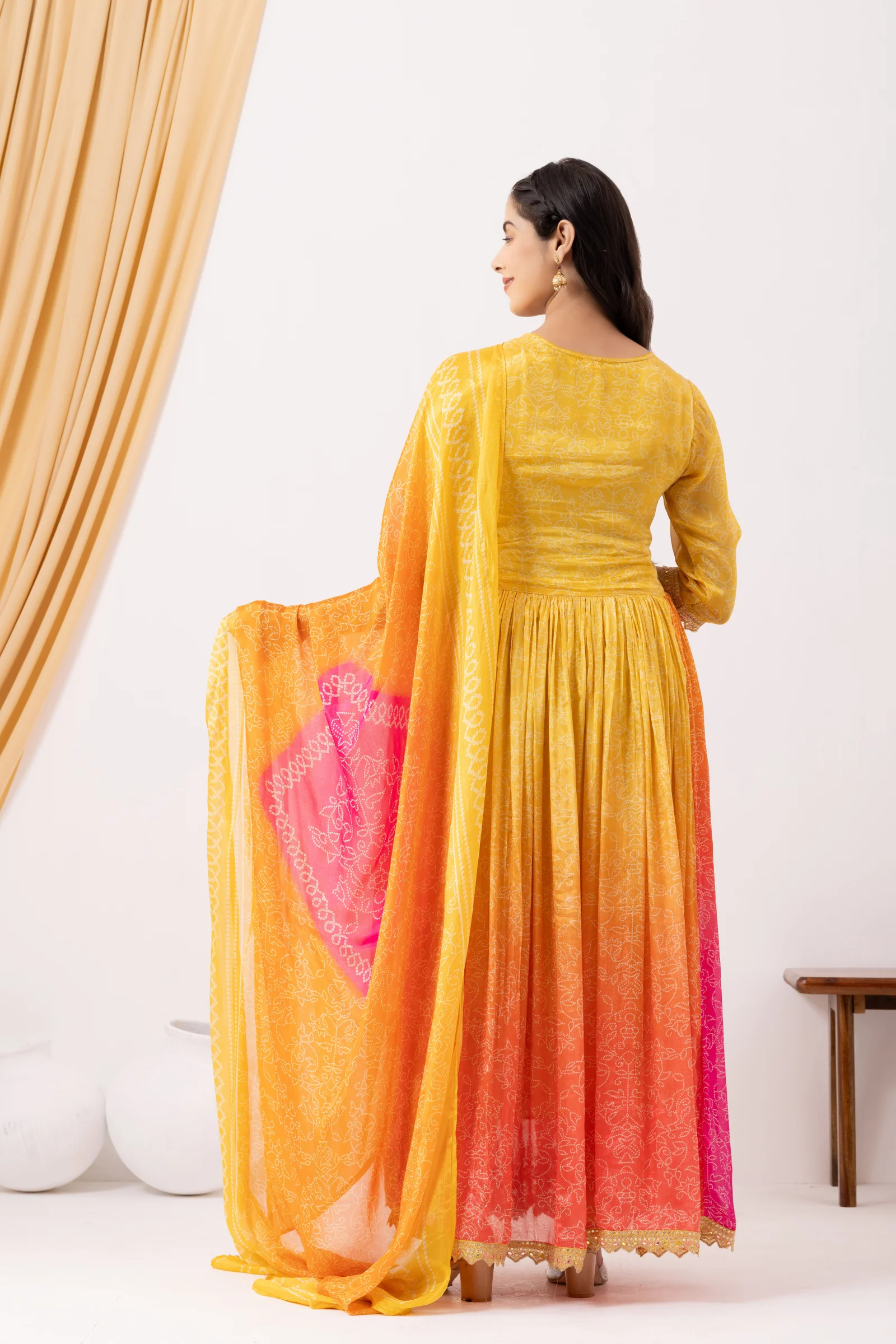 Yellow & Pink Ombre Crepe Printed & Hand Embroidered Anarkali Set - Image 4