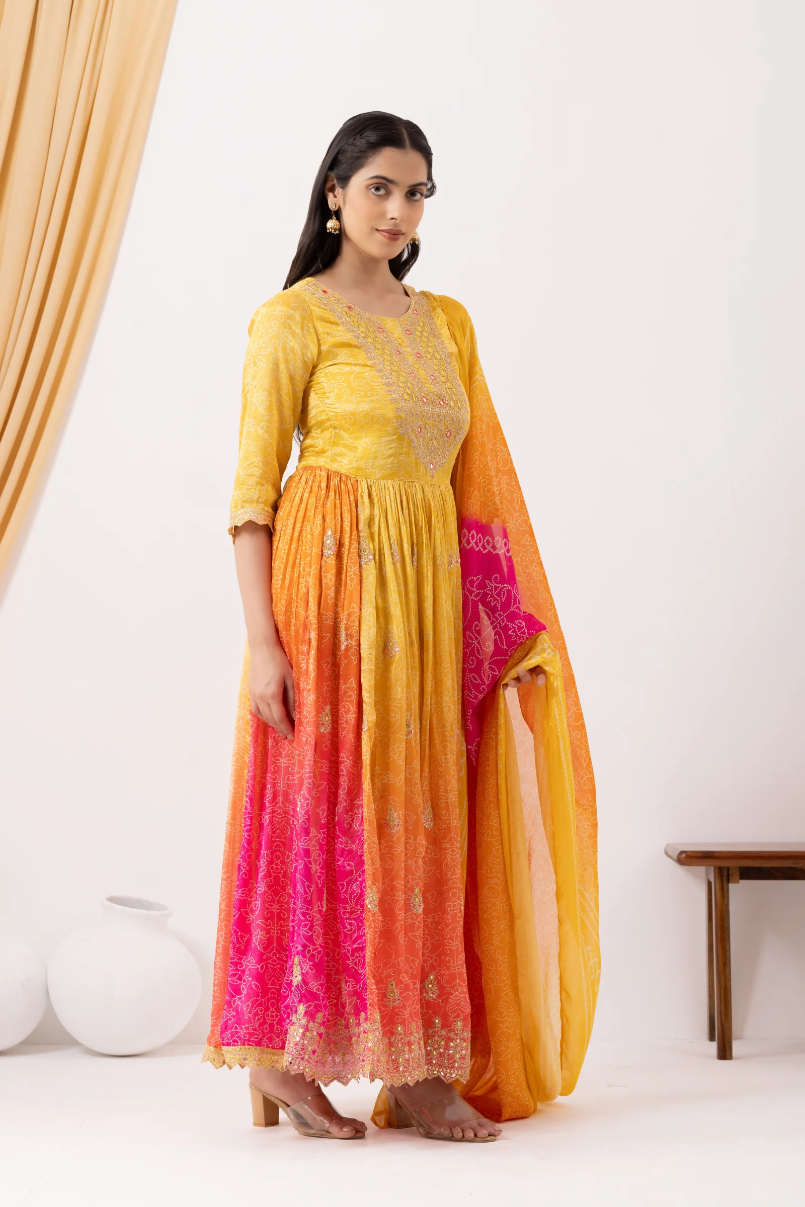 Yellow & Pink Ombre Crepe Printed & Hand Embroidered Anarkali Set - Image 5