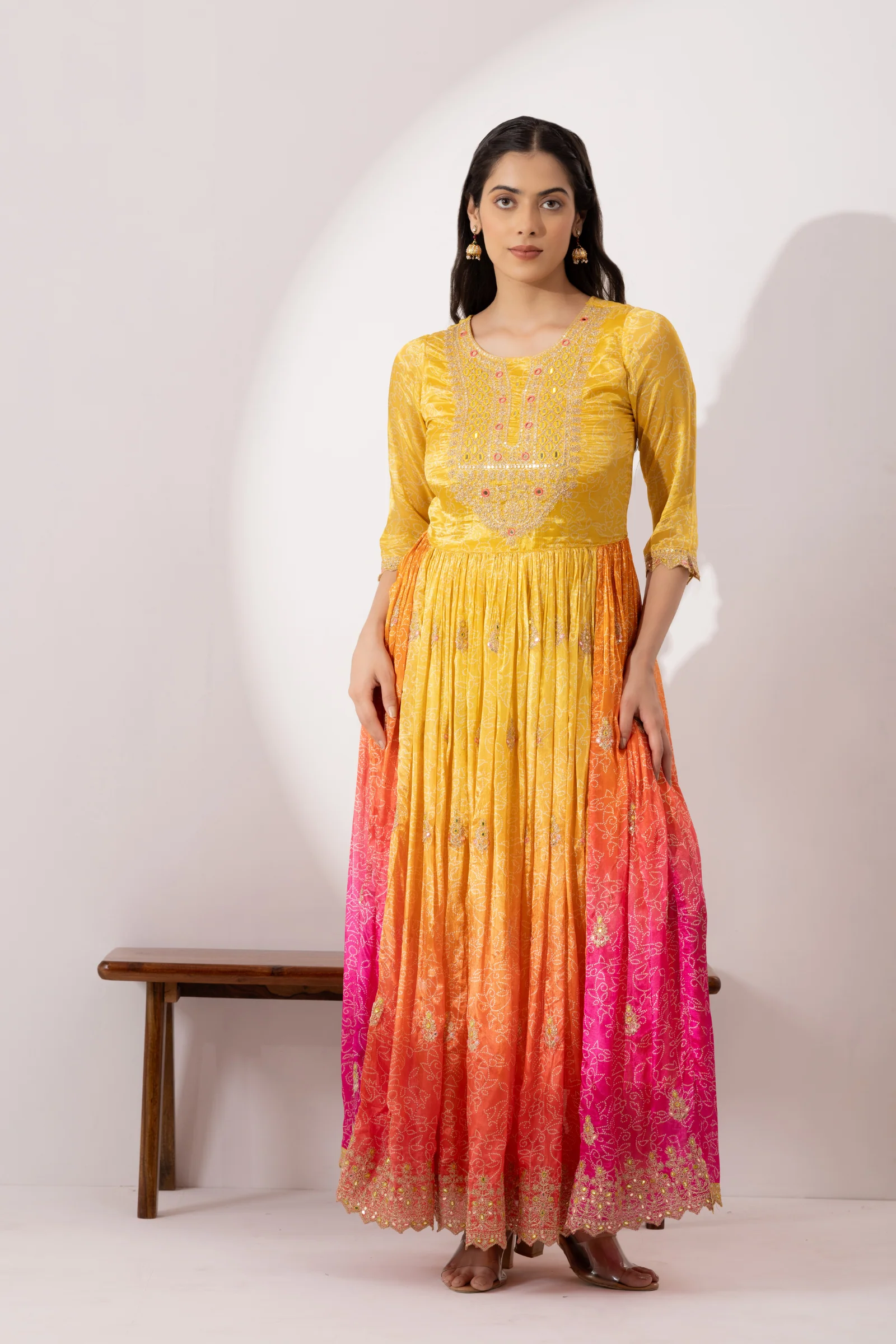 Yellow & Pink Ombre Crepe Printed & Hand Embroidered Anarkali Set - Image 6