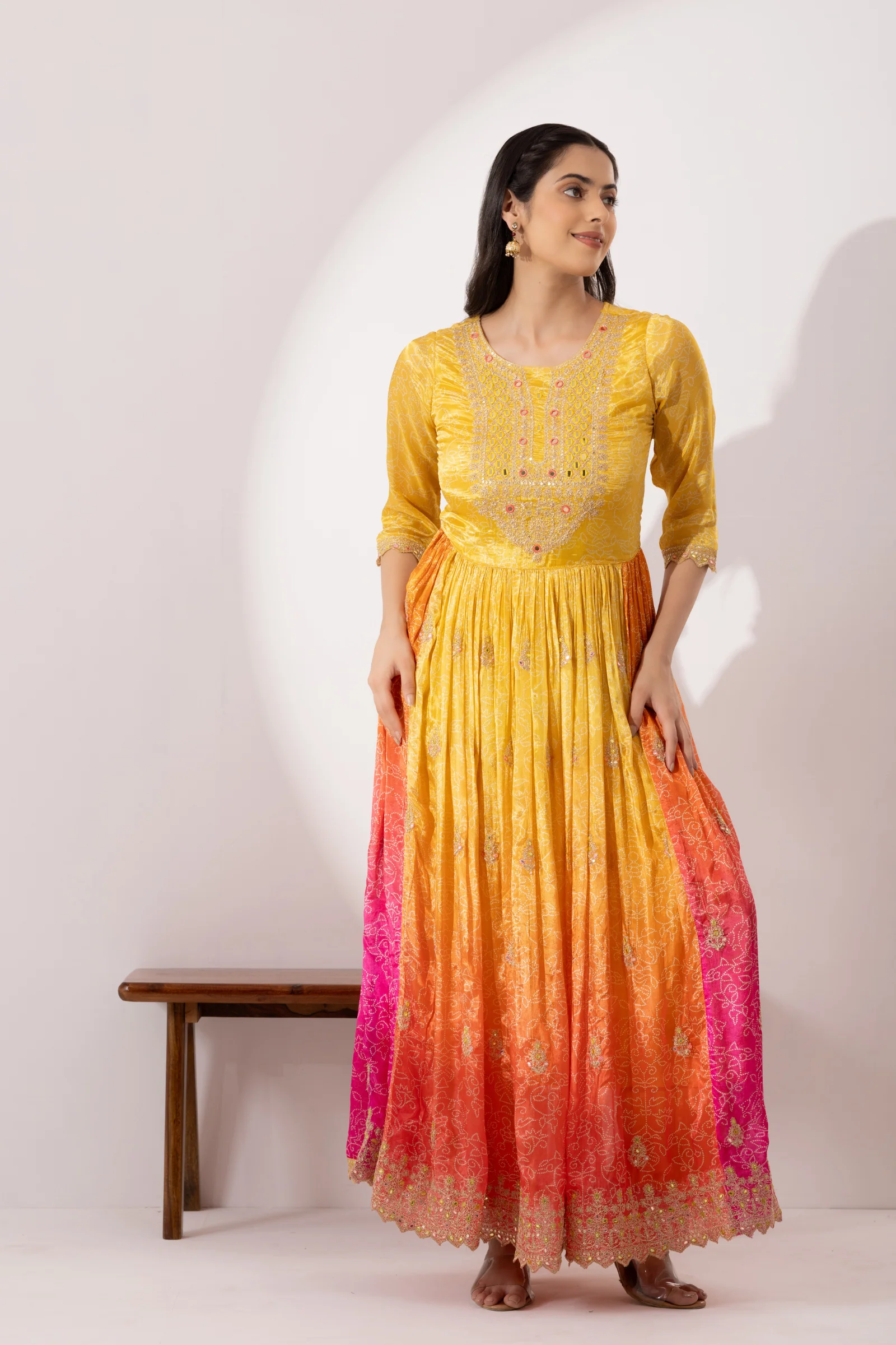 Yellow & Pink Ombre Crepe Printed & Hand Embroidered Anarkali Set - Image 7