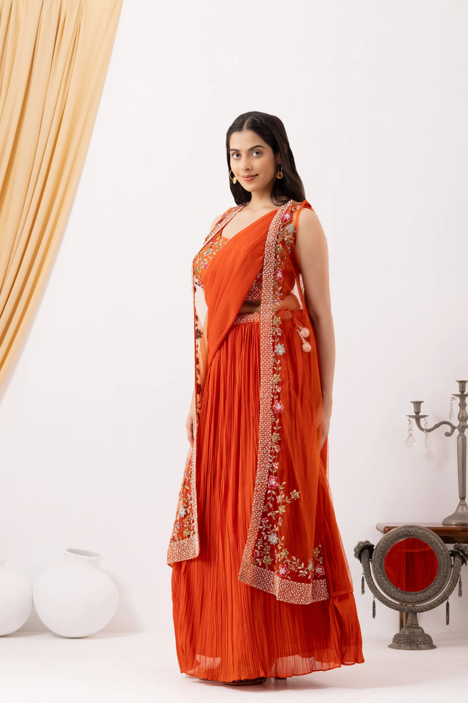 Orange Georgette Draped Jacket Saree Set - Image 4