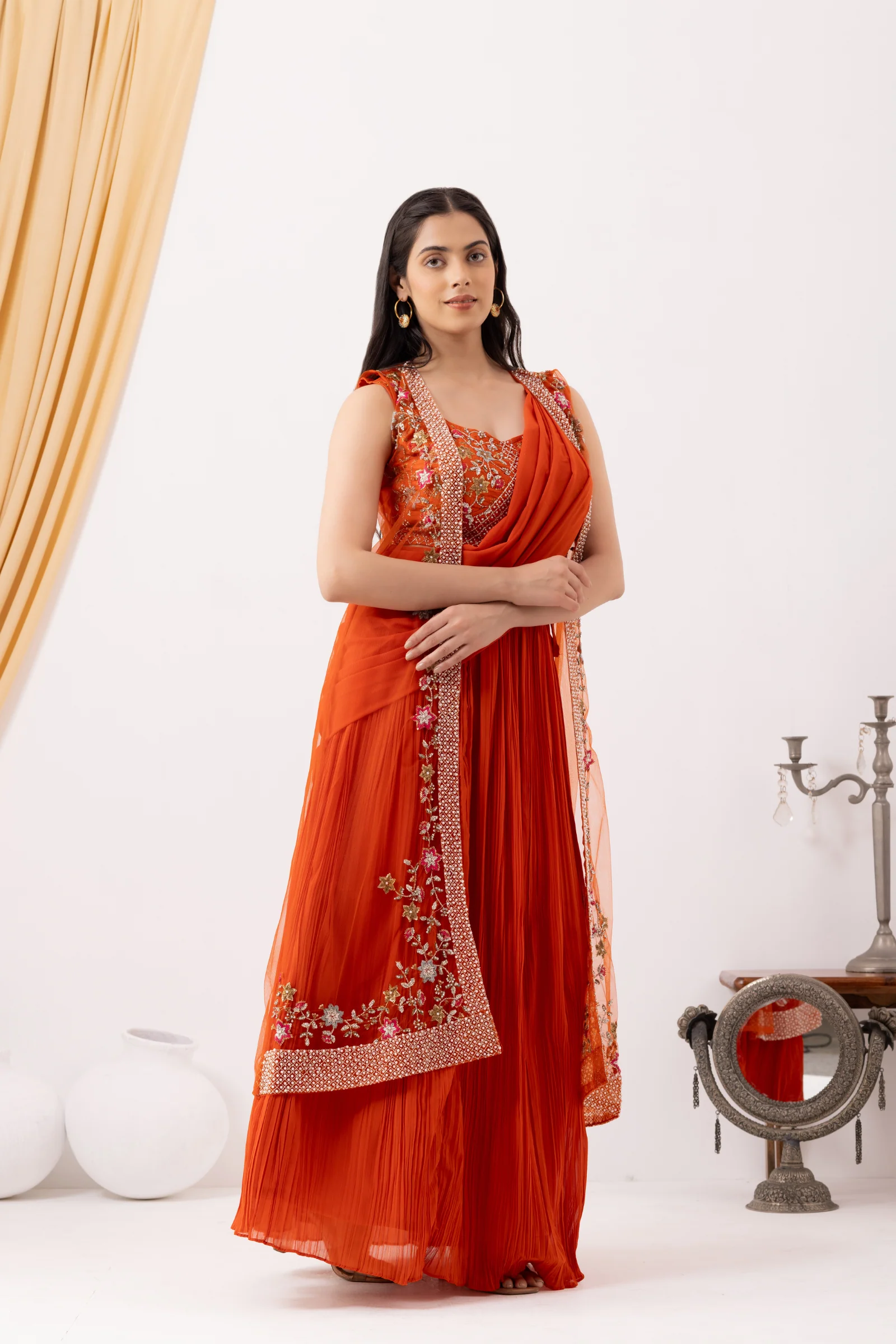 Orange Georgette Draped Jacket Saree Set - Image 6