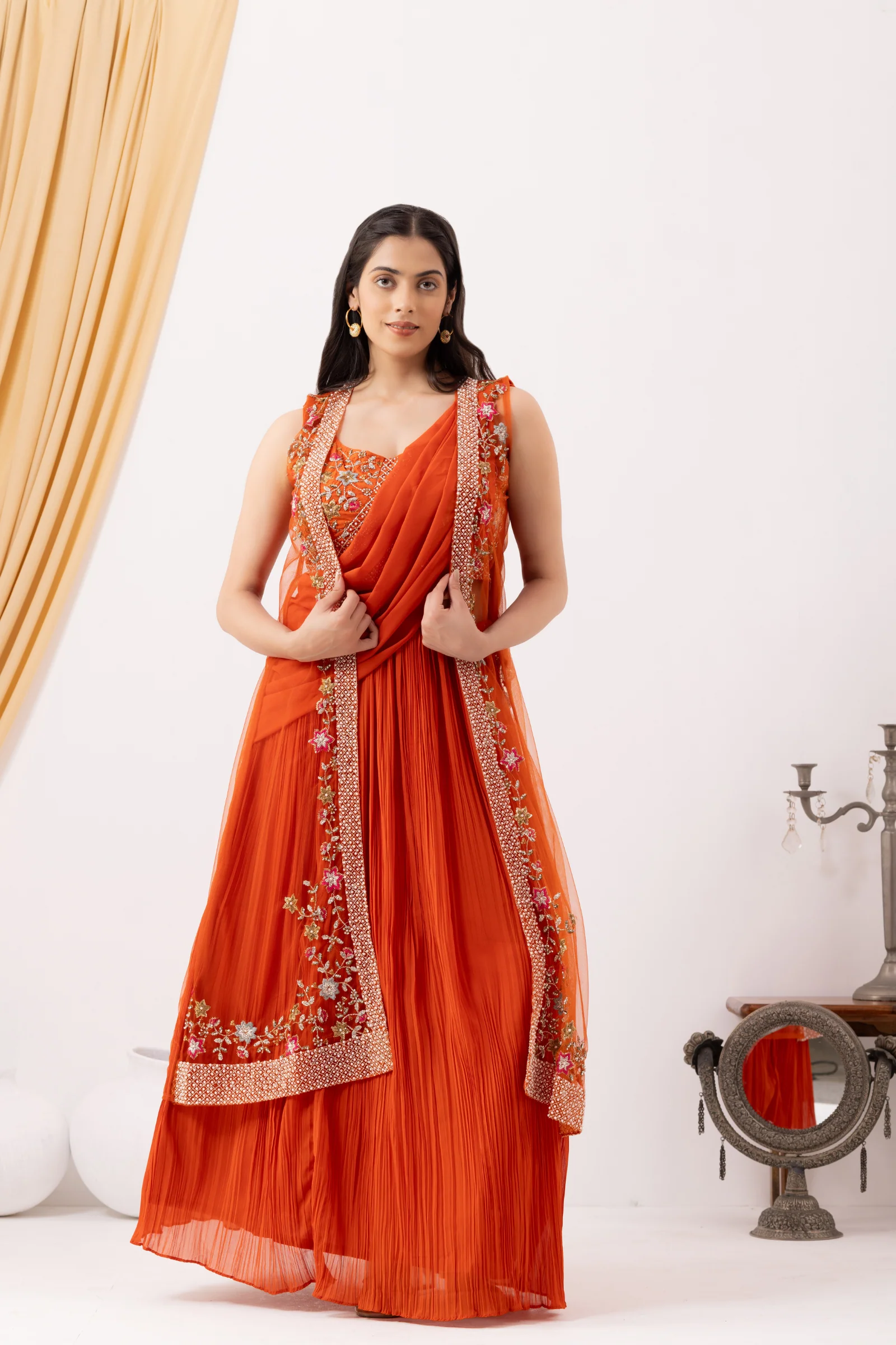 Orange Georgette Draped Jacket Saree Set - Image 7