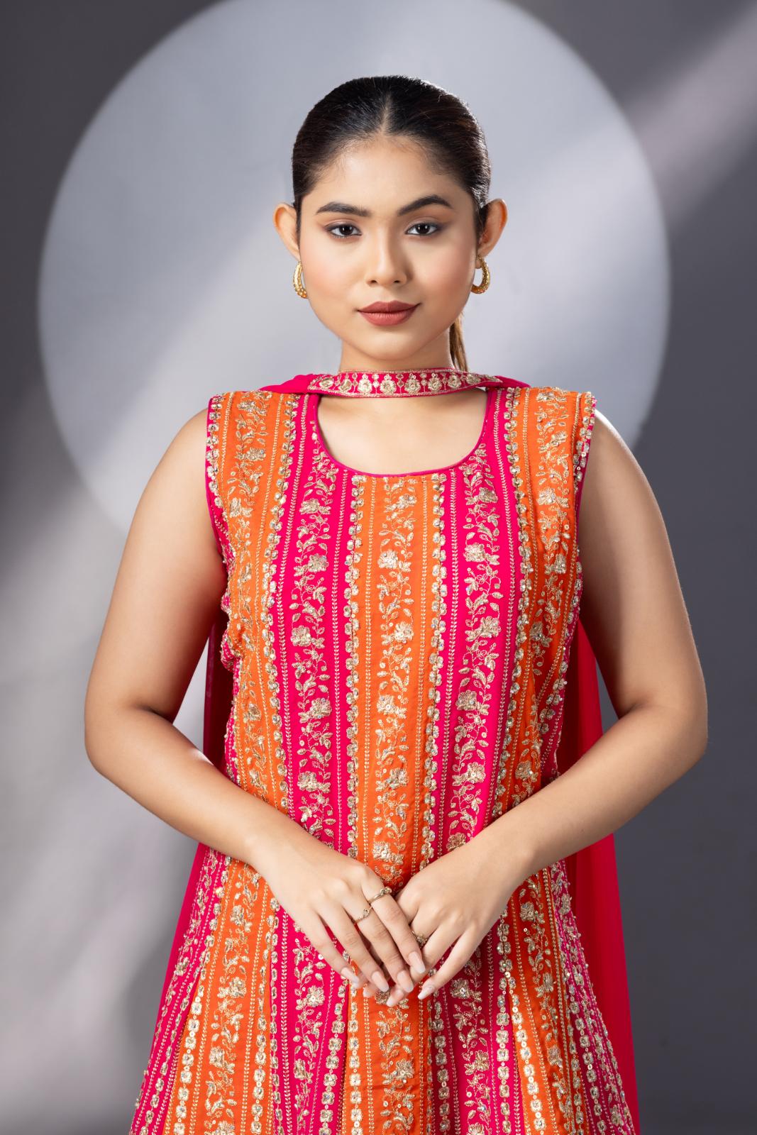Orange Pink Peplum Sharara Set - Image 3