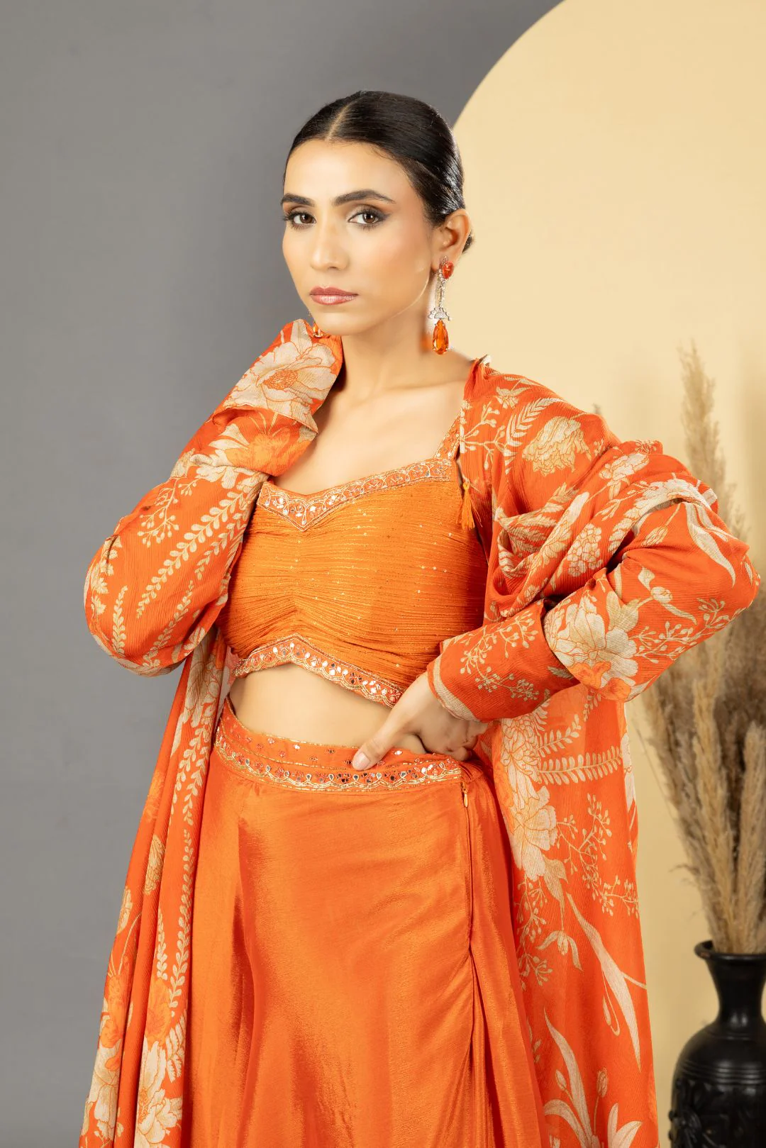 Orange Sharara with Full Sleeves Cape Set - Image 3