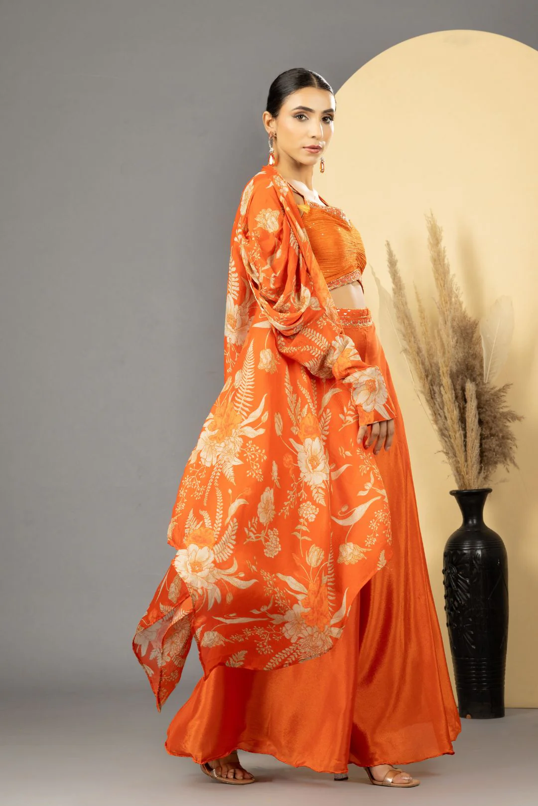Orange Sharara with Full Sleeves Cape Set - Image 4
